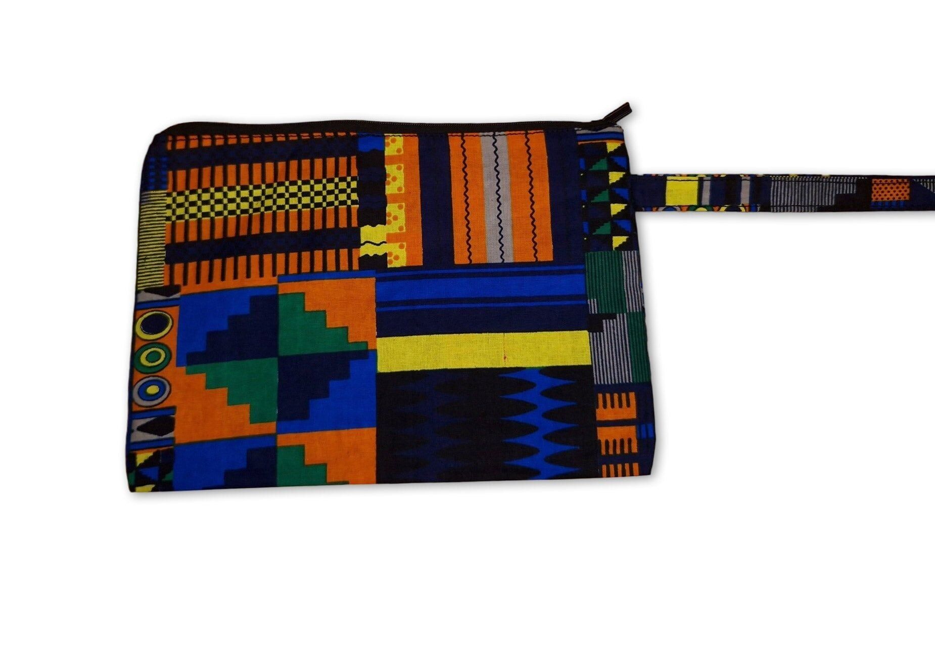 Astuccio per il trucco / Astuccio per matite / Borsa per cosmetici / Portamonete con stampa africana - Blu / Arancione kente