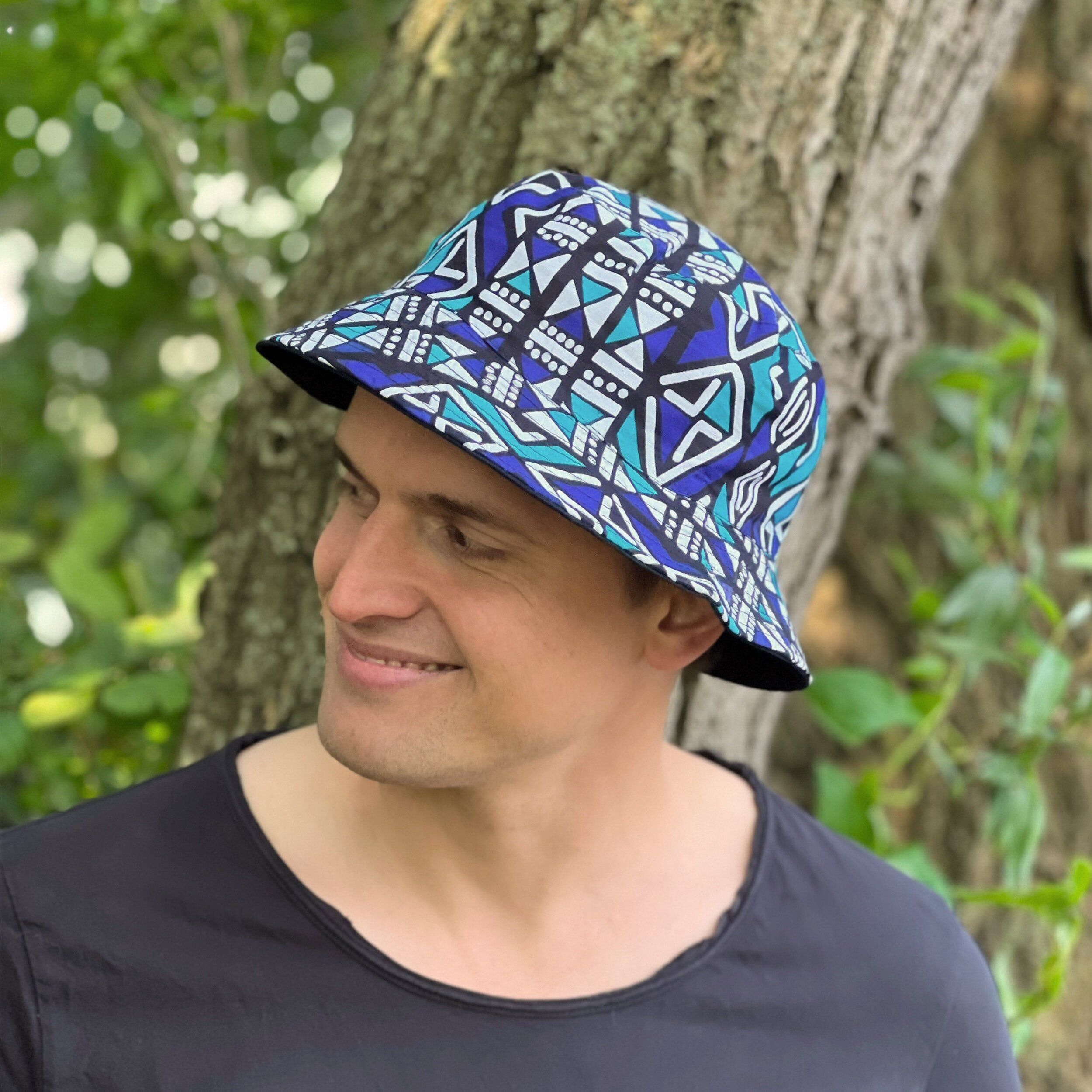Cappello da pescatore / Cappello da pescatore con stampa africana - Bogolan blu - Taglie per bambini e adulti (unisex)