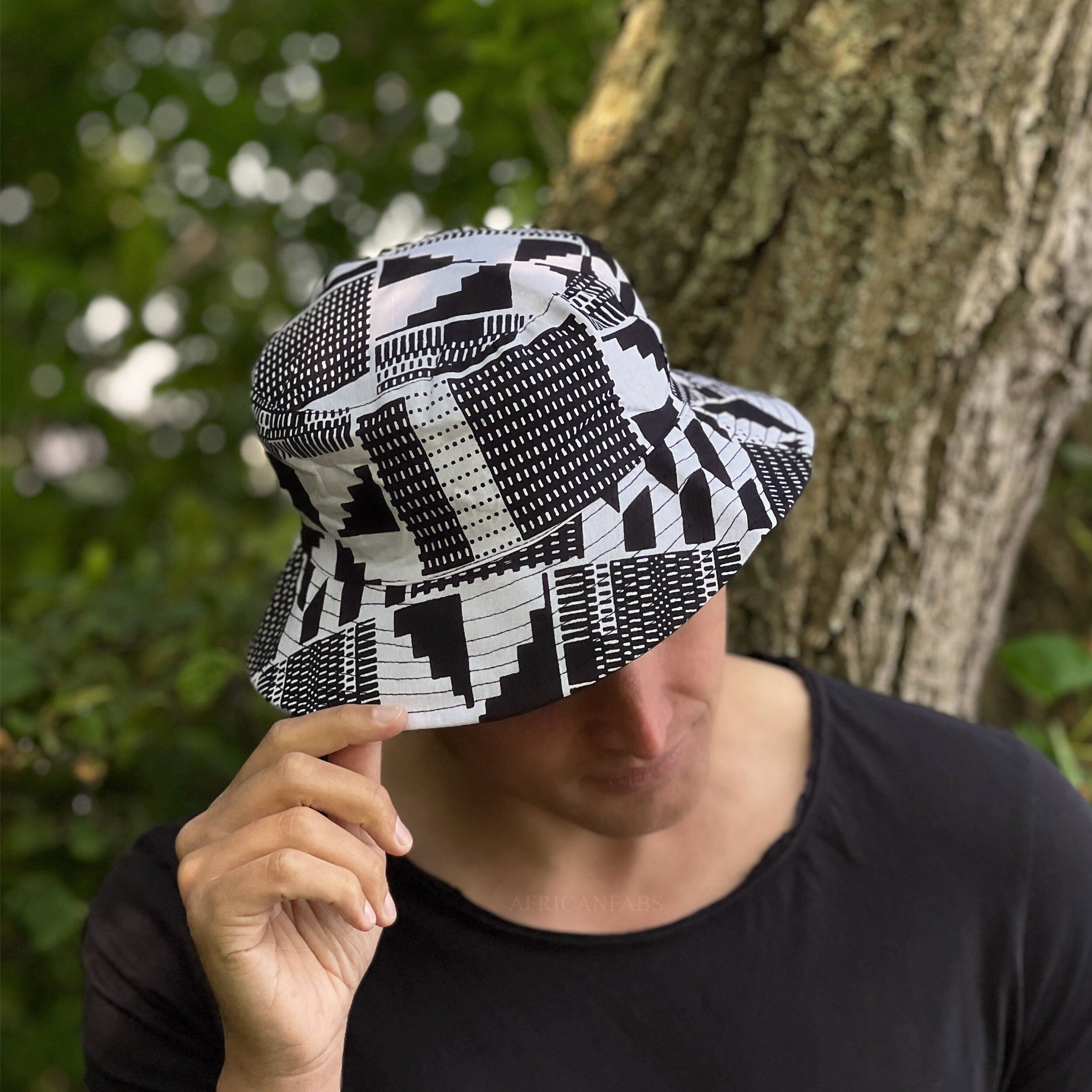 Cappello da pescatore / Cappello da pescatore con stampa africana - Nero / bianco kente - Taglie per bambini e adulti (Unisex)