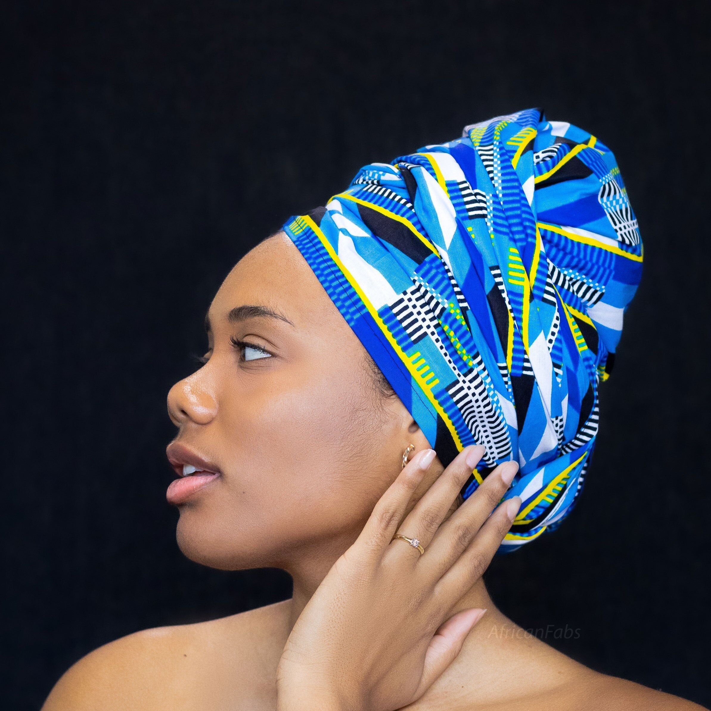 Copricapo Kente africano blu e bianco