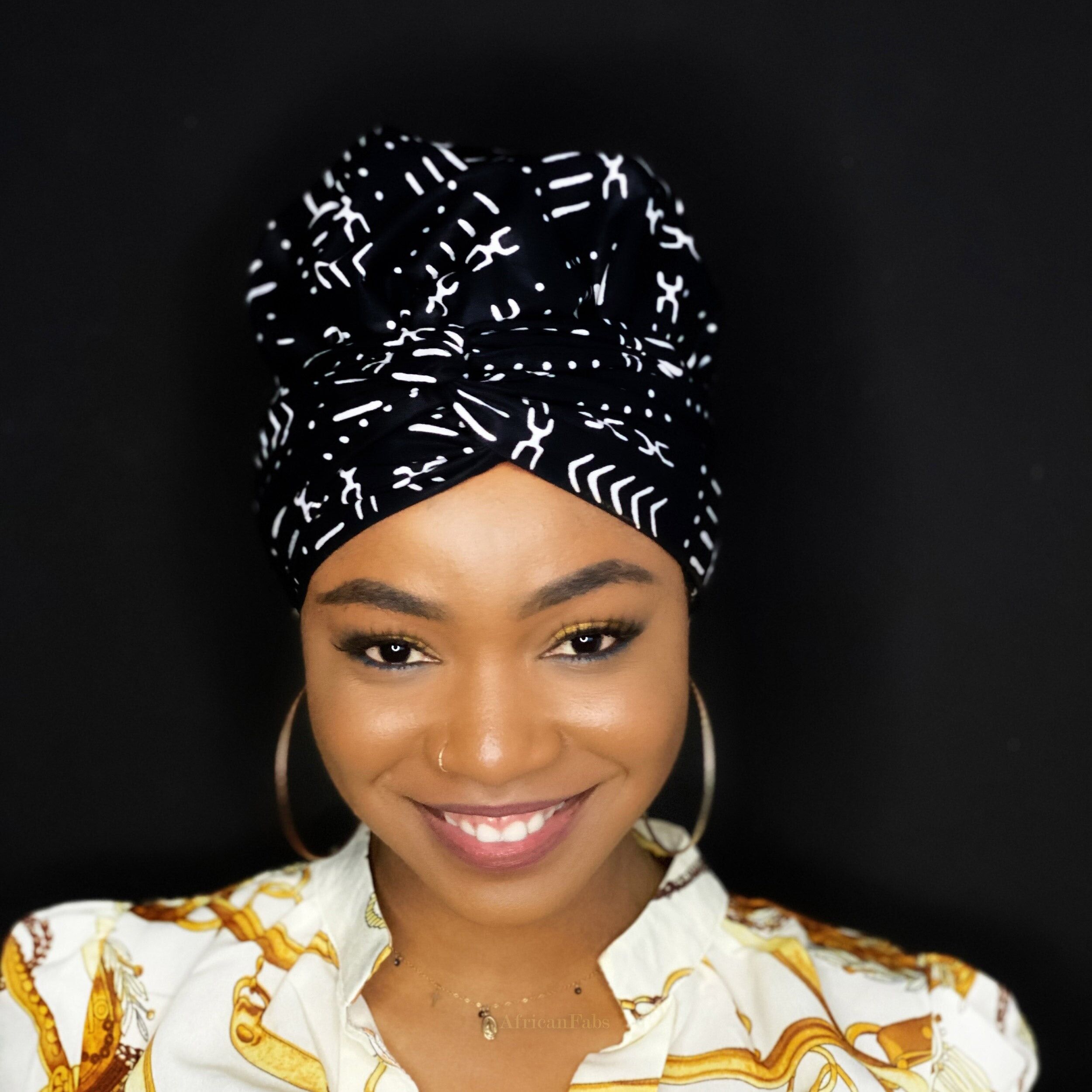 Einfaches Kopftuch – Satin-gefütterte Haube – Schwarz/Weiß Bogolan