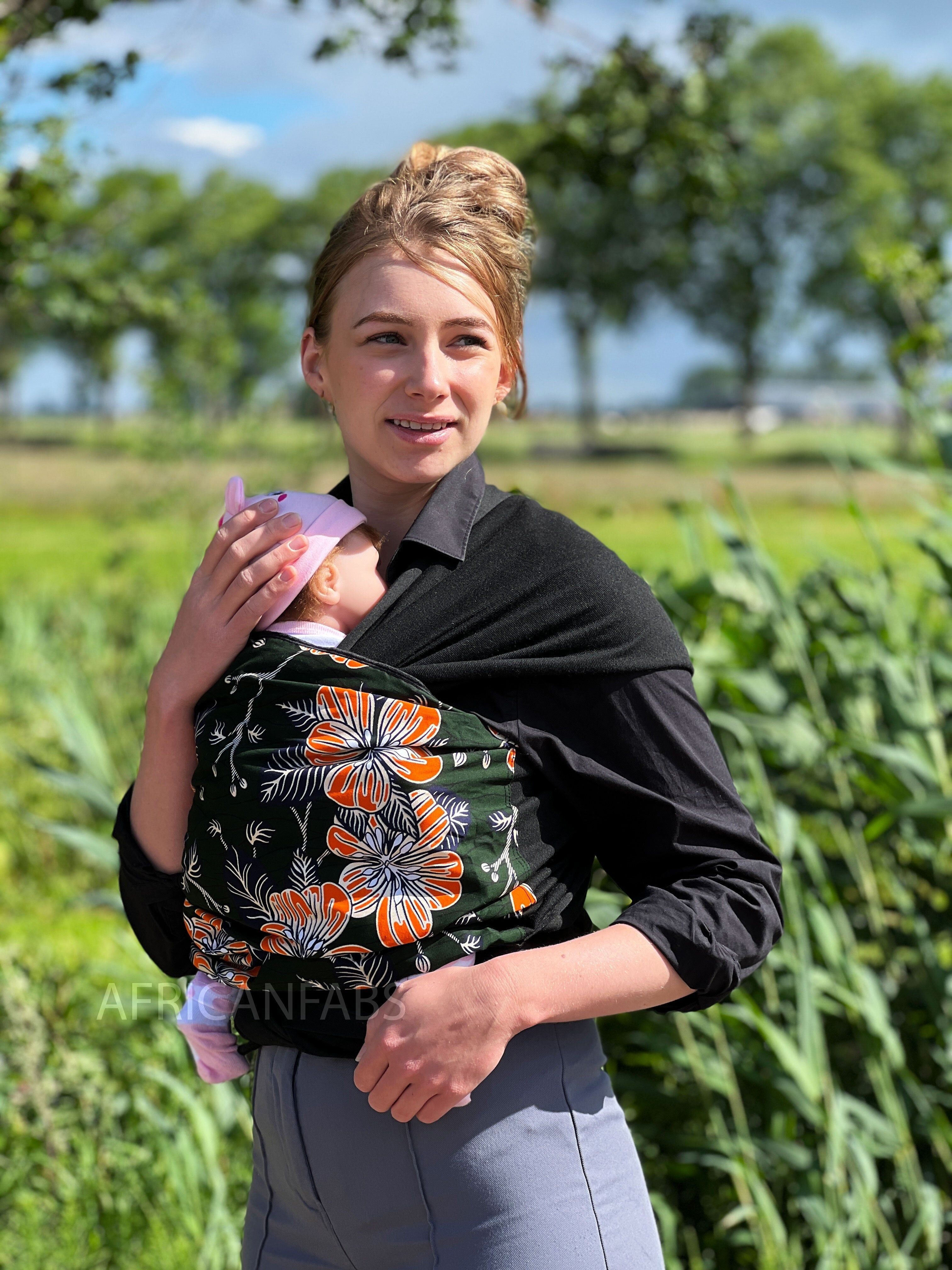 Marsupio porta-bebè con stampa africana - Fiori arancioni verde scuro - decorazioni in oro