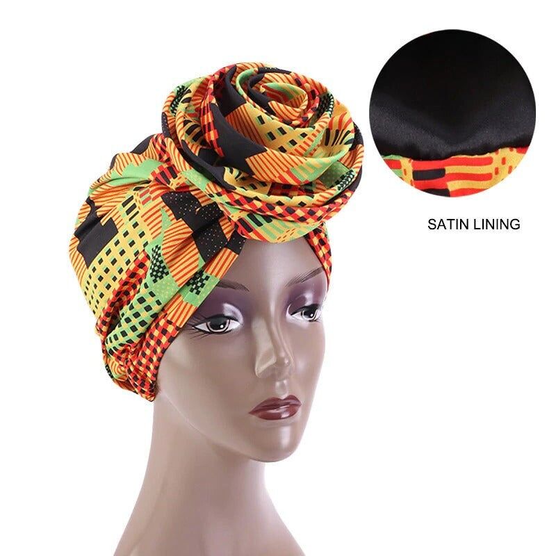 Bandana/cappello preconfezionato - Berretto da notte con fodera in raso con stampa Kente africana