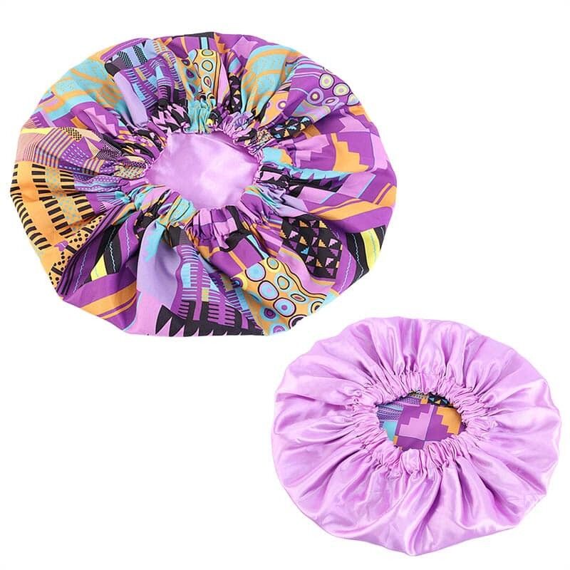Cuffia per capelli con stampa Kente rosa/viola africana (cuffia da notte reversibile con fodera in raso)