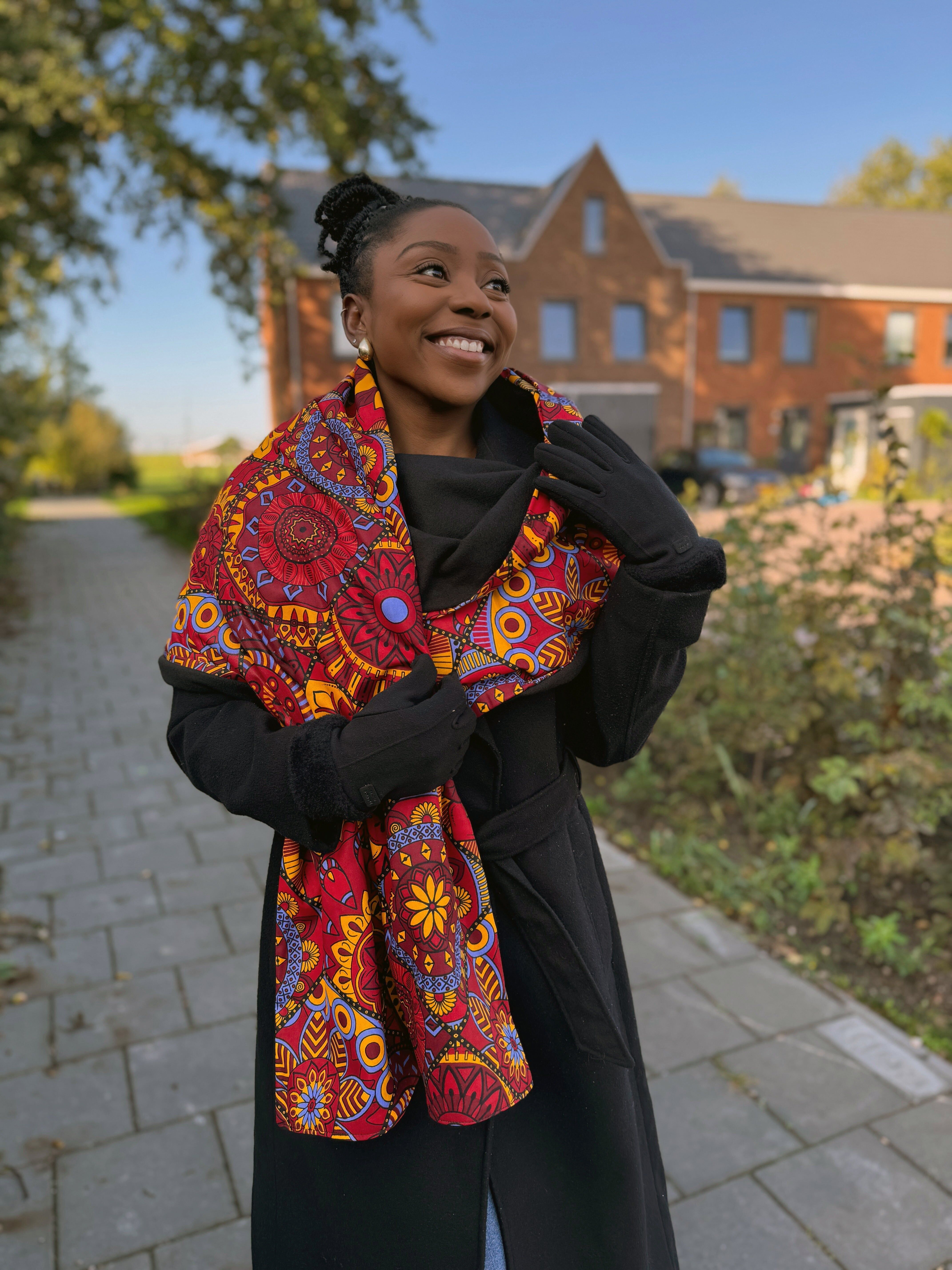 Sciarpa invernale con stampa africana per adulti unisex - Patchwork mandala rosso