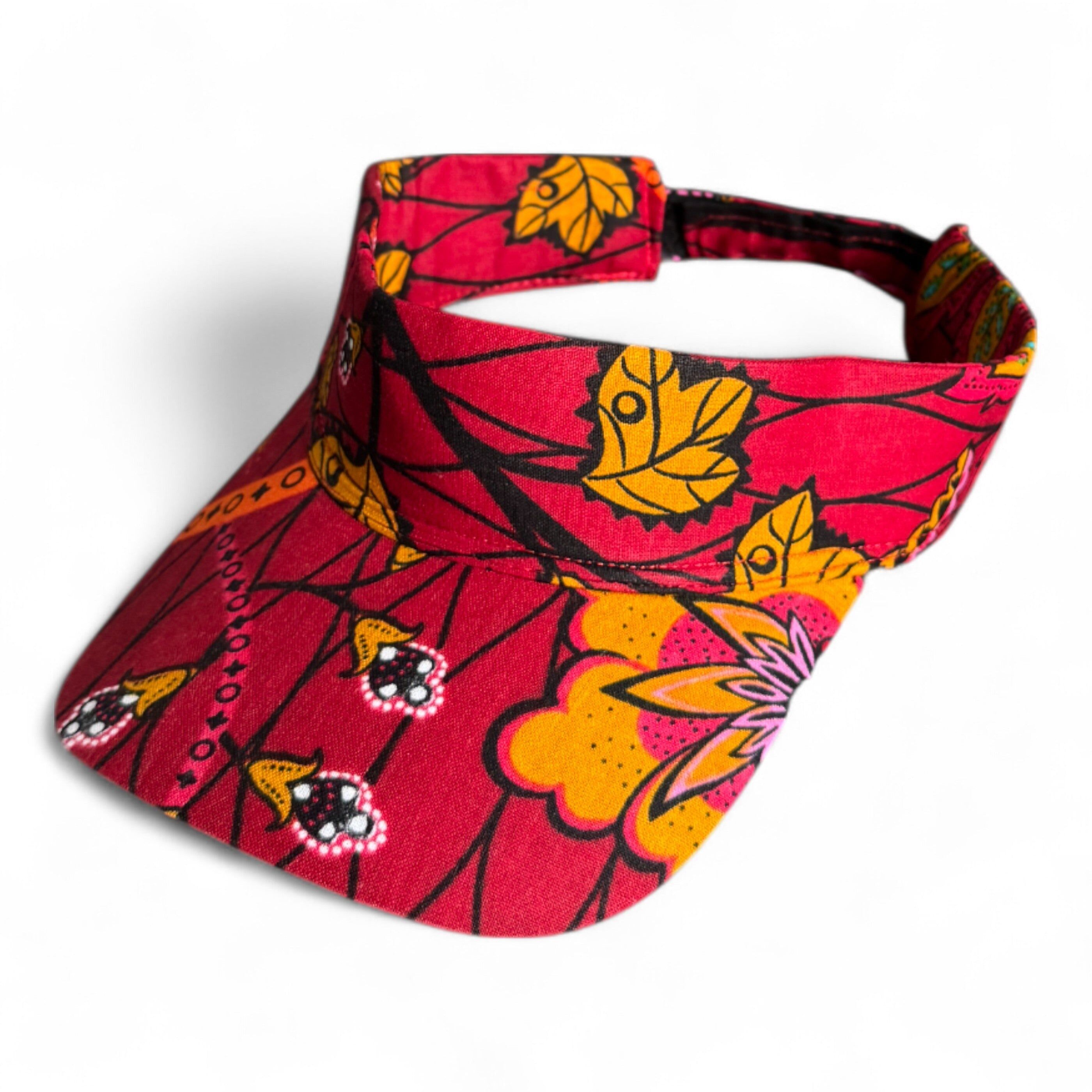 Cappellino con visiera parasole con stampa africana - Dark Red Botanical Flow