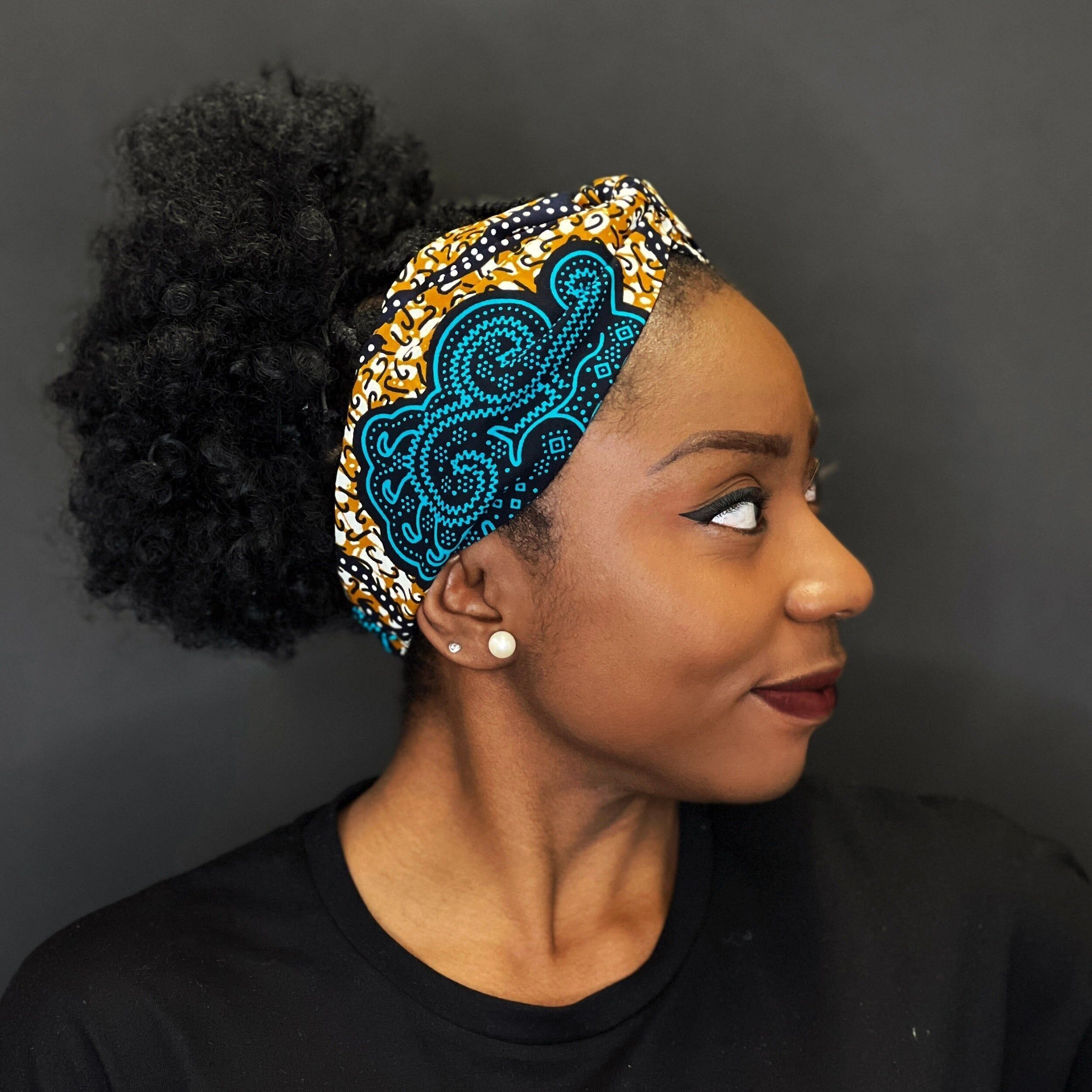 Haarband mit afrikanischem Muster – Erwachsene – Haaraccessoires – Klassisch Blau/Senfgelb