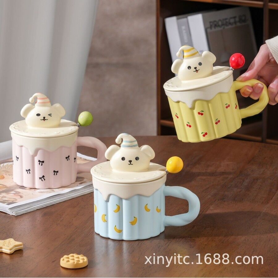 Taza de cerámica con perros, tapa de cerámica y cuchara AB-922