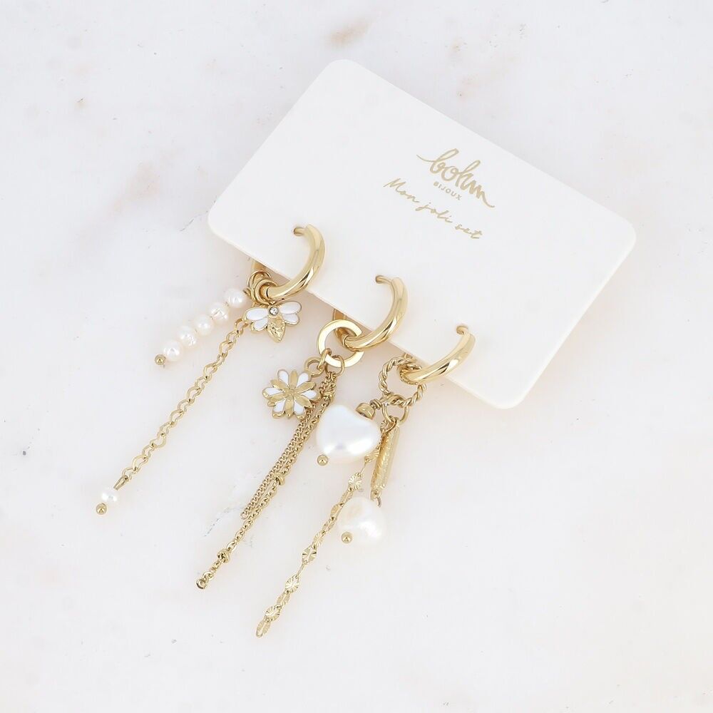 Set de 3 créoles Siam - abeille, fleur émaillée et pierres naturelles