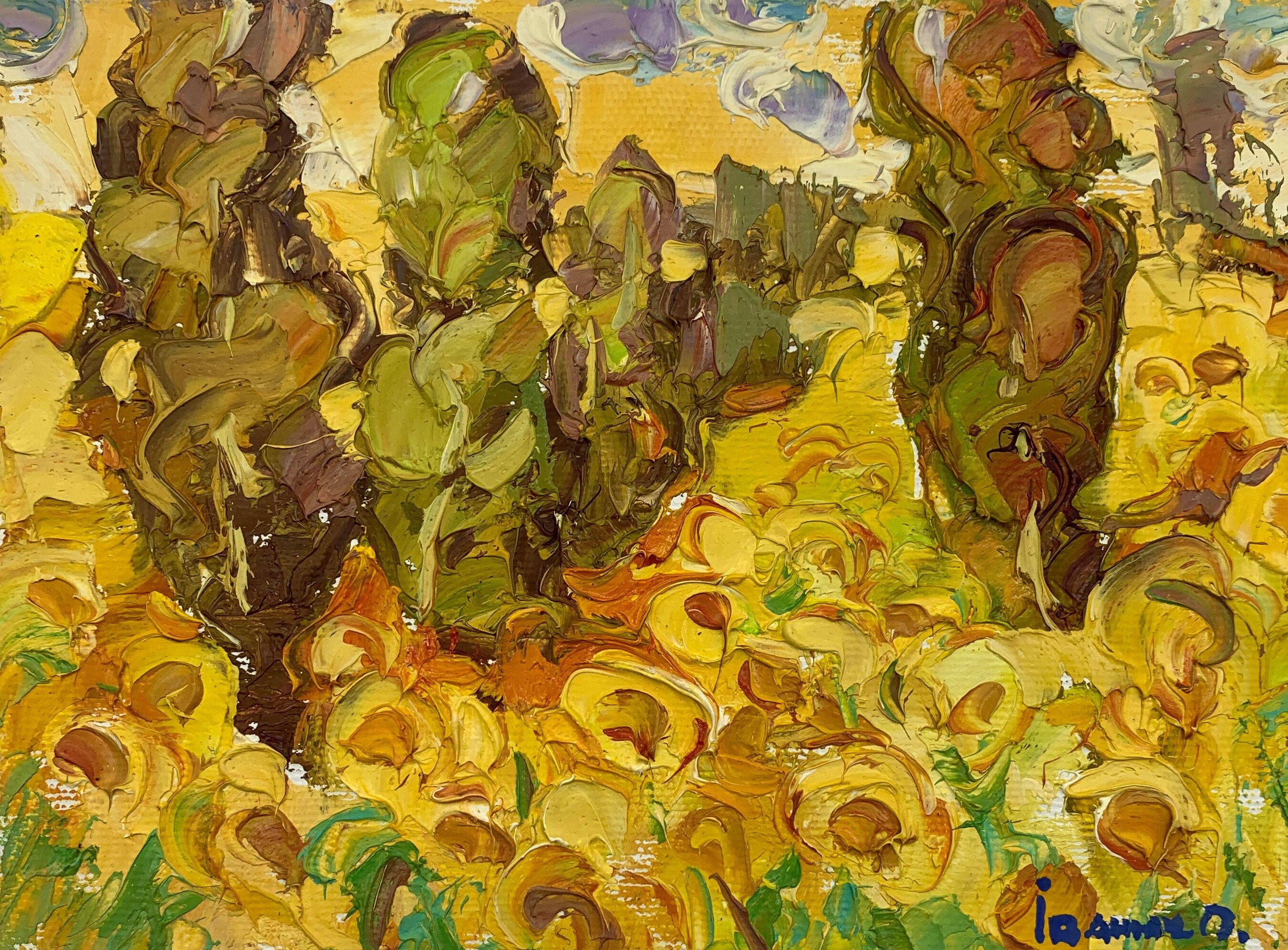 Dipinto ad olio Campo di girasoli Oleksiy Ivanyuk 15x20cm