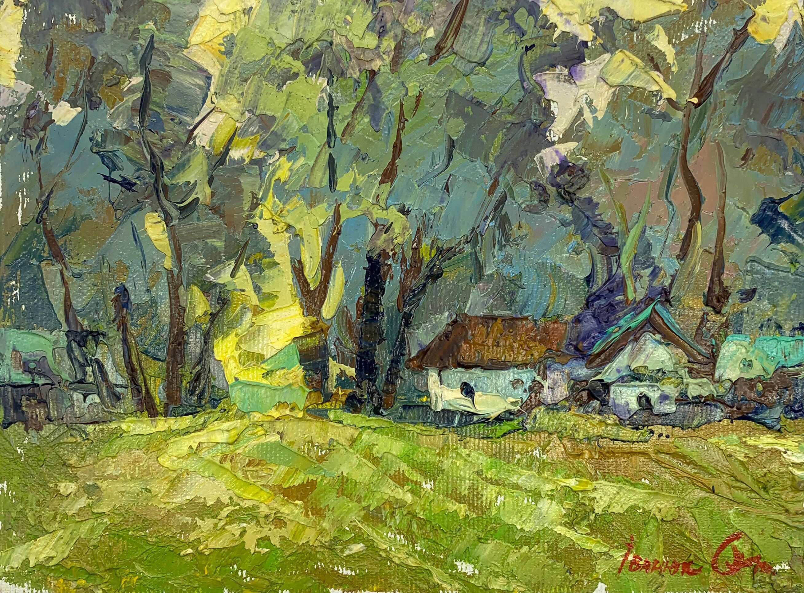 Dipinto ad olio Confine del villaggio Oleksiy Ivanyuk 15x20cm