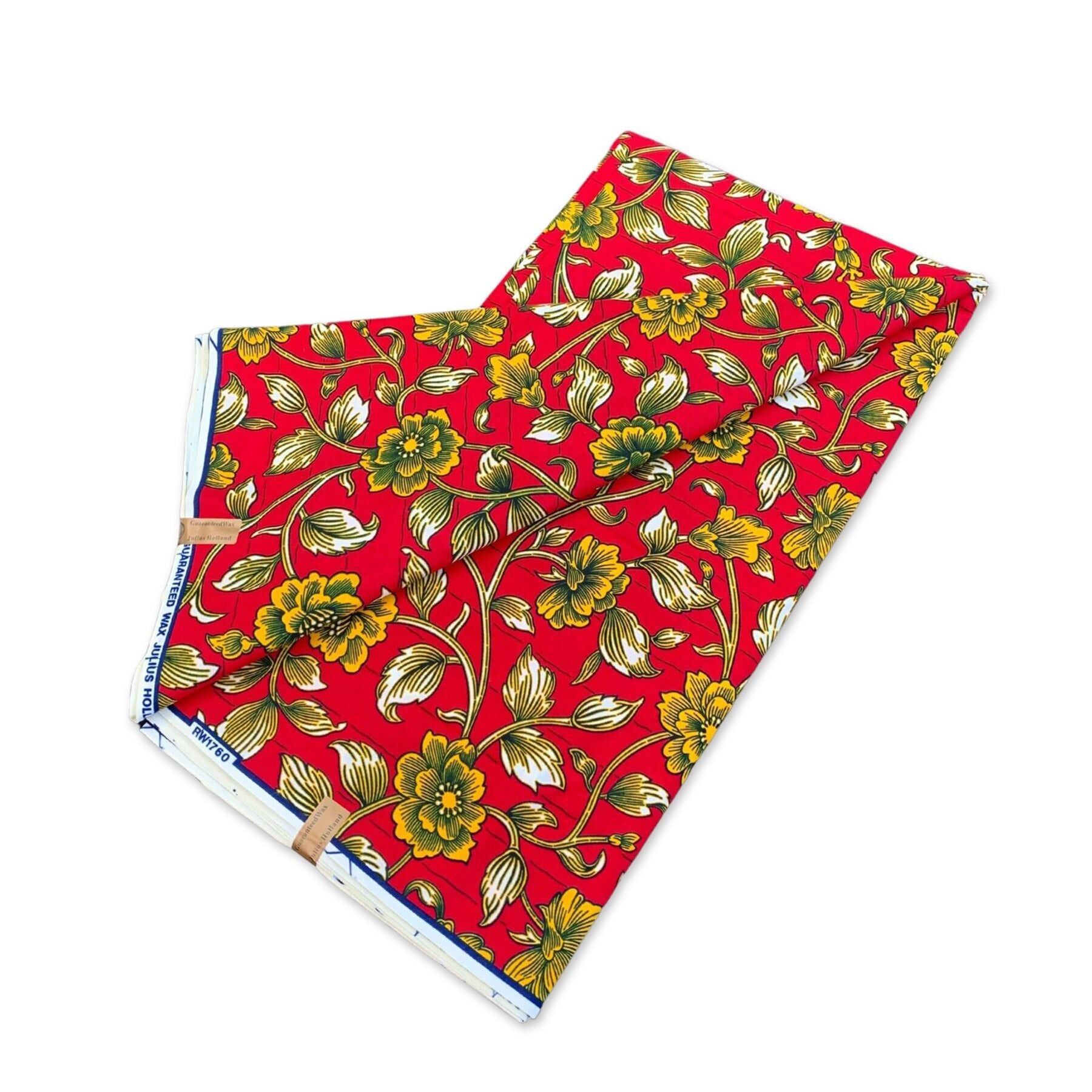 6 Yards – Afrikanischer Wachsdruckstoff – Rot-gelbe Blumen