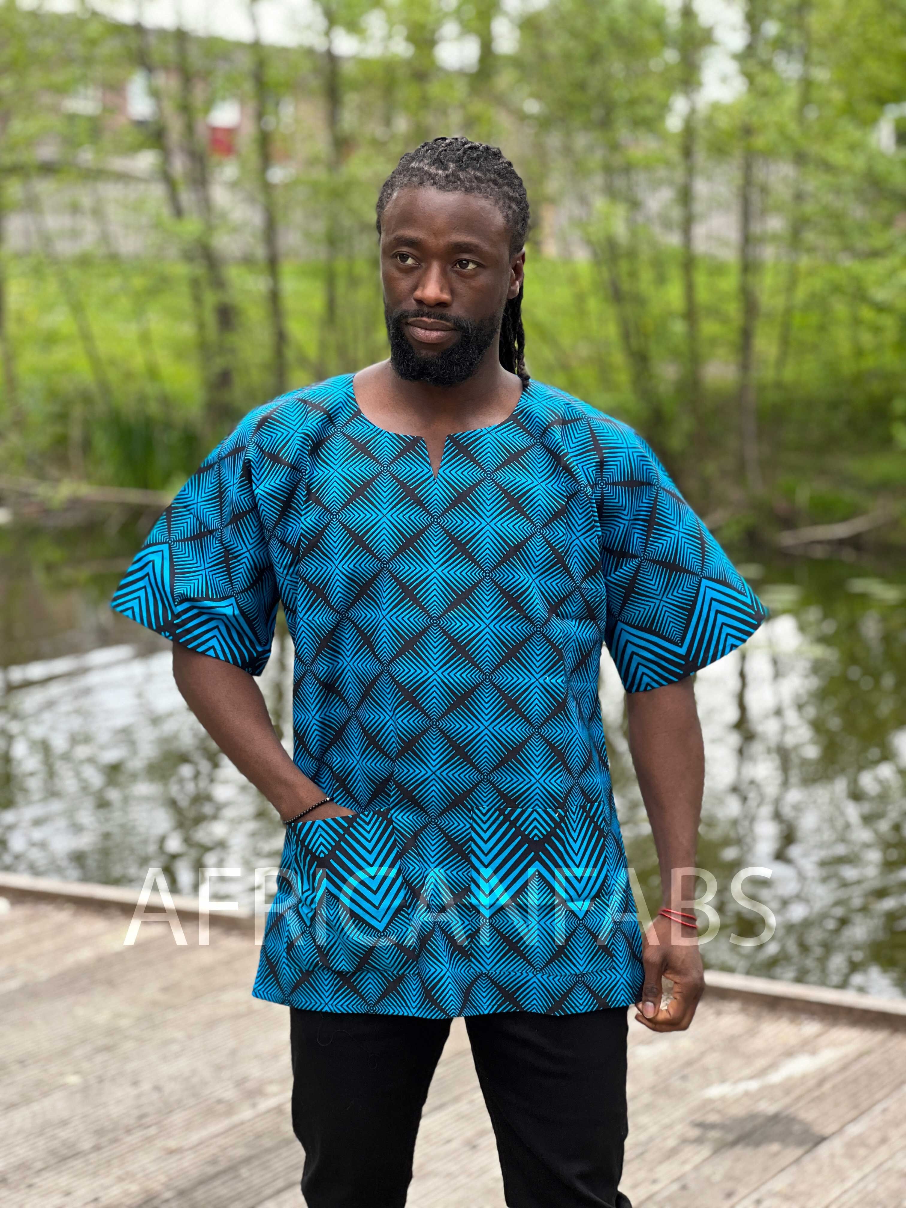 Blaues Dashiki-Hemd / Dashiki-Kleid – Oberteil mit afrikanischem Muster – Unisex