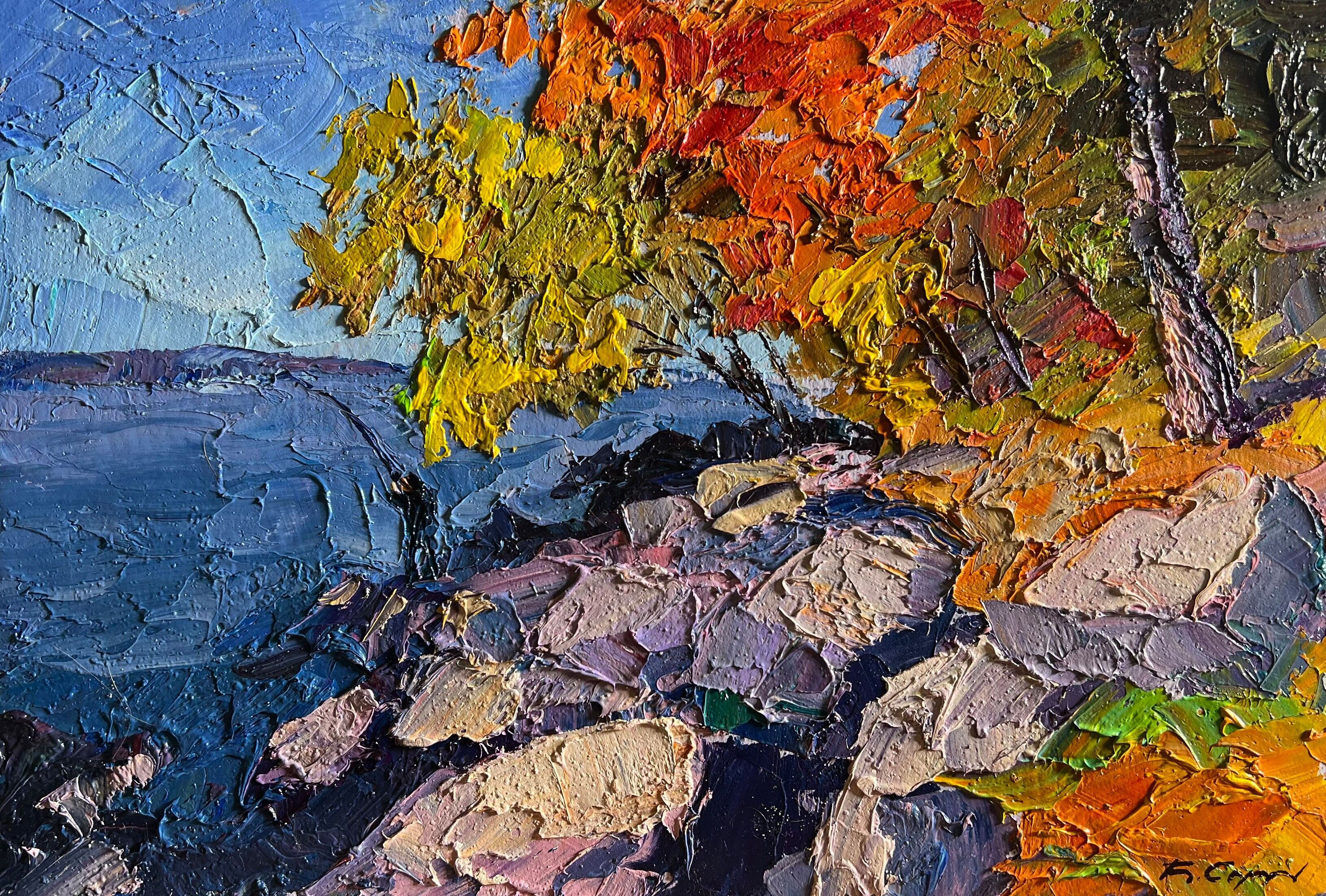 Dipinto ad olio Pesca autunnale Boris Serdyuk 22x31cm