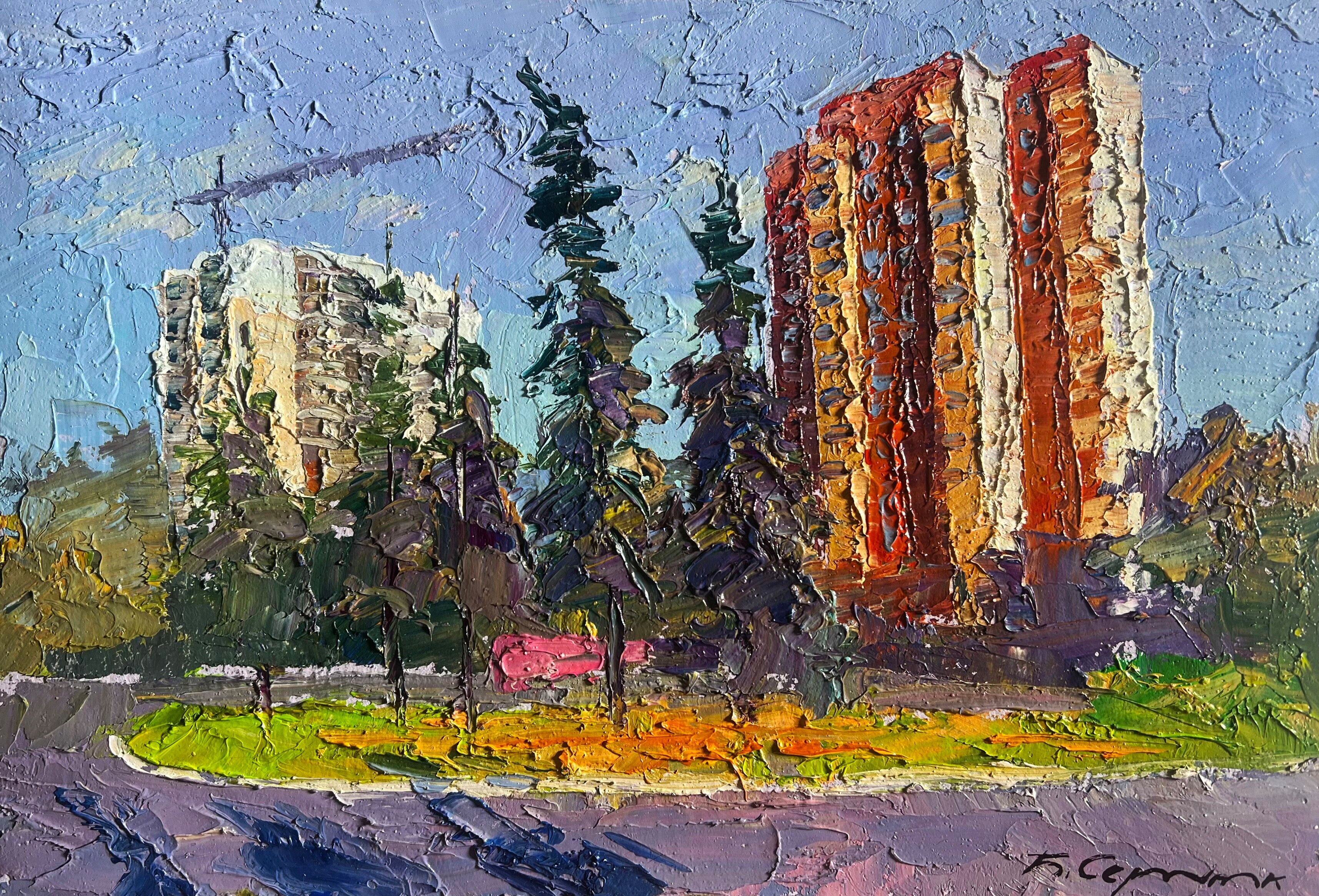 Dipinto ad olio Parco cittadino estivo Boris Serdyuk 21x30cm