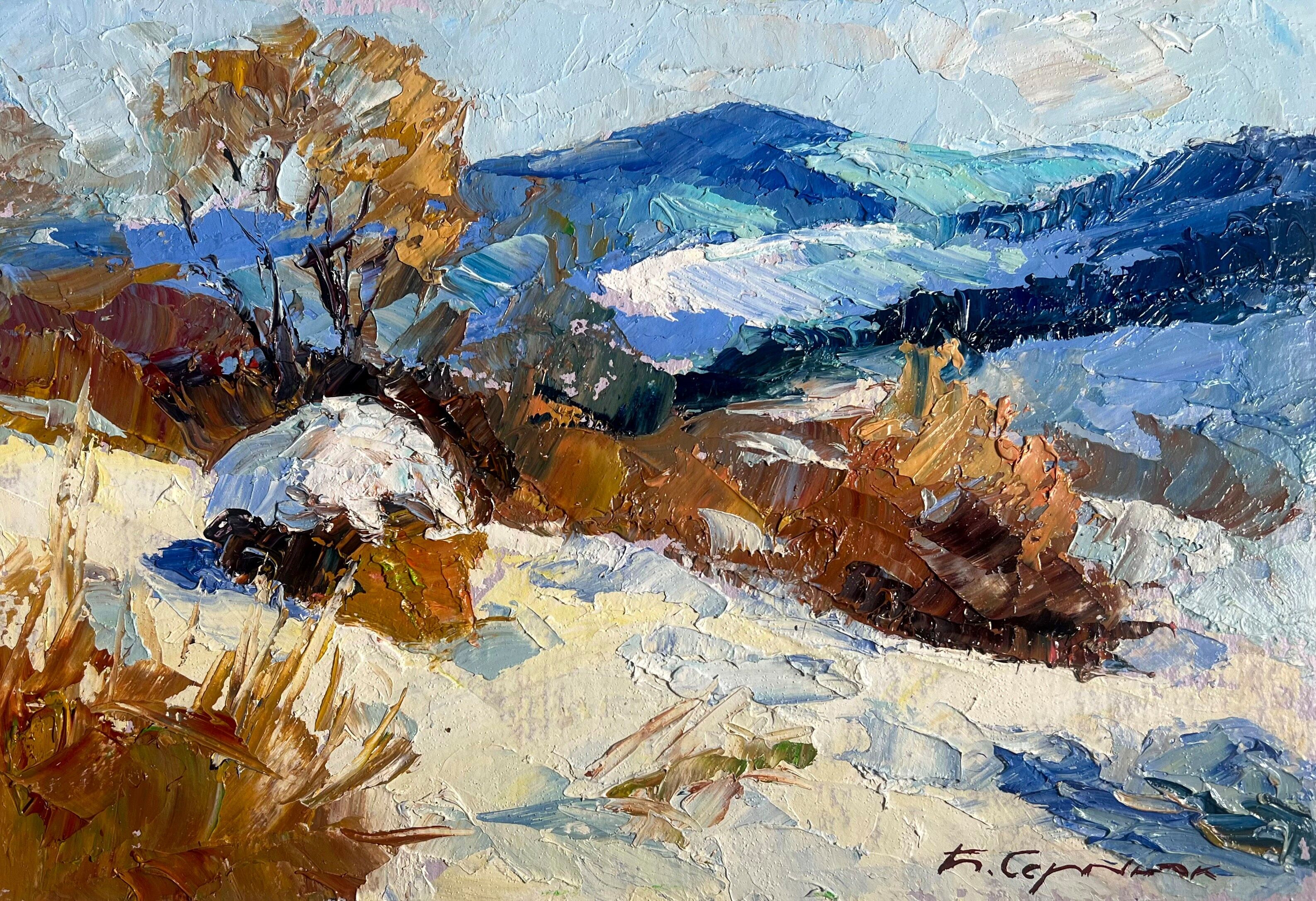 Dipinto ad olio Montagne invernali Boris Serdyuk 21x30cm