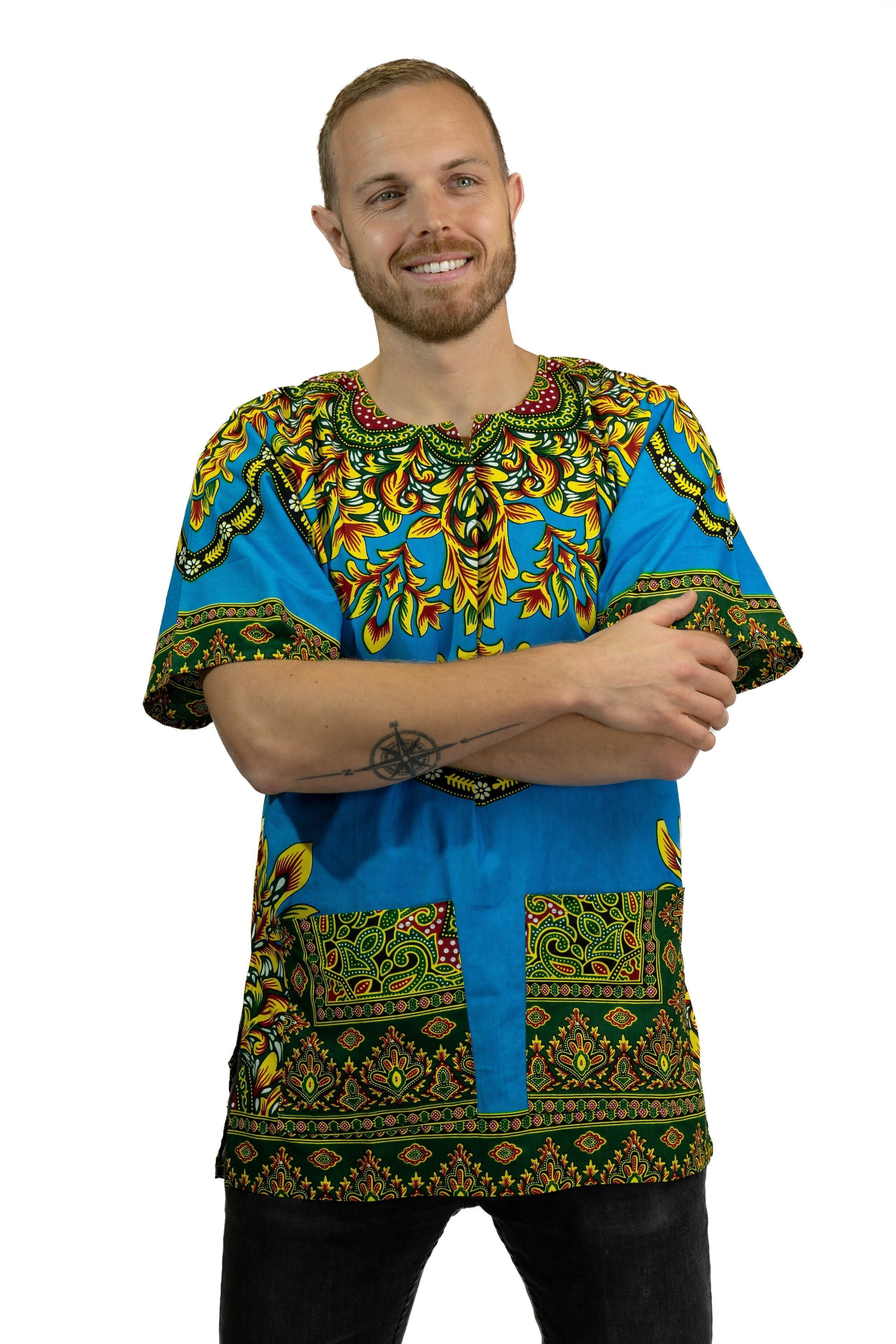 Blaues Dashiki-Hemd / Dashiki-Kleid – Oberteil mit afrikanischem Muster – Unisex