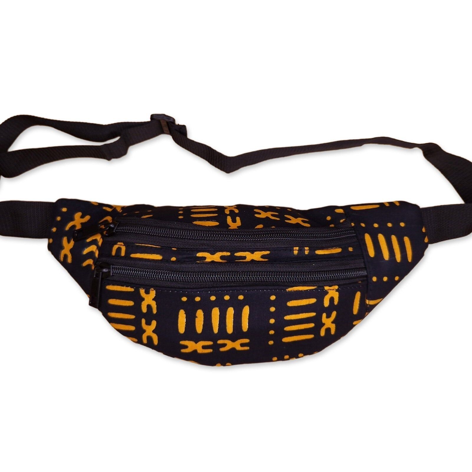 Bauchtasche mit afrikanischem Muster – Schwarz/Gelb (Bogolan) – Ankara-Hüfttasche/Bauchtasche/Festivaltasche mit verstellbarem Riemen