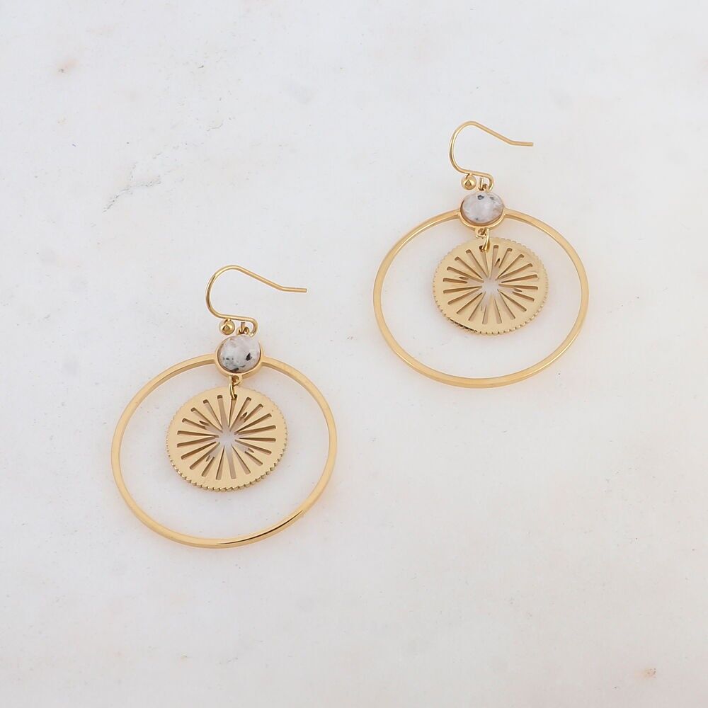 Earrings with natural stone, circle and sunburst design