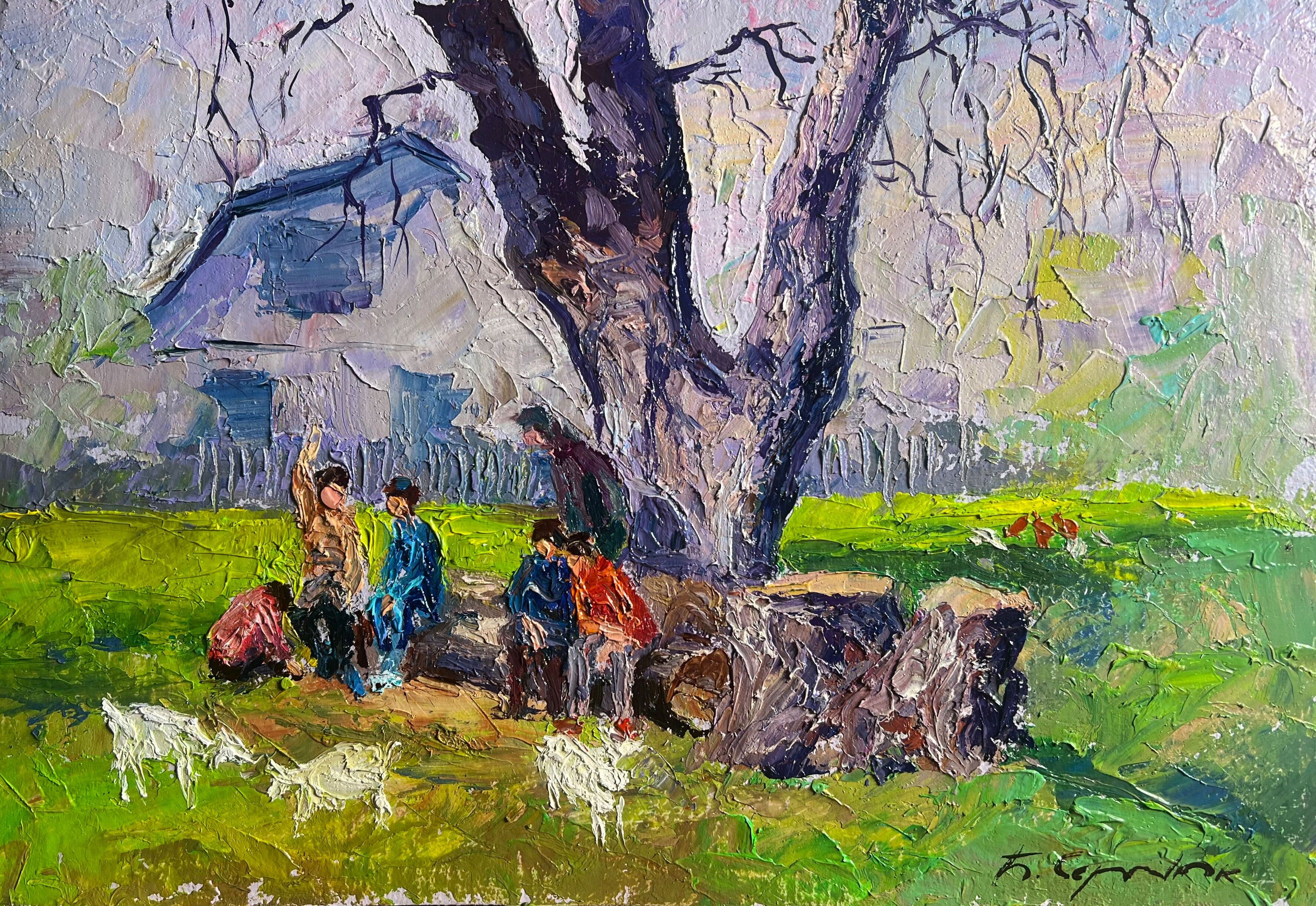 Dipinto ad olio Primo maggio nel villaggio Boris Serdyuk 21x31cm