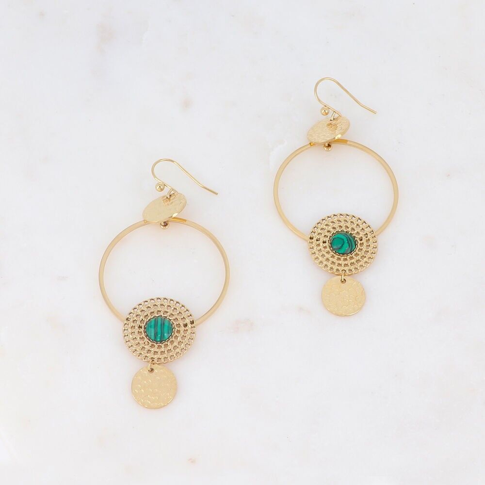 Gold earrings adorned with a natural malachite stone