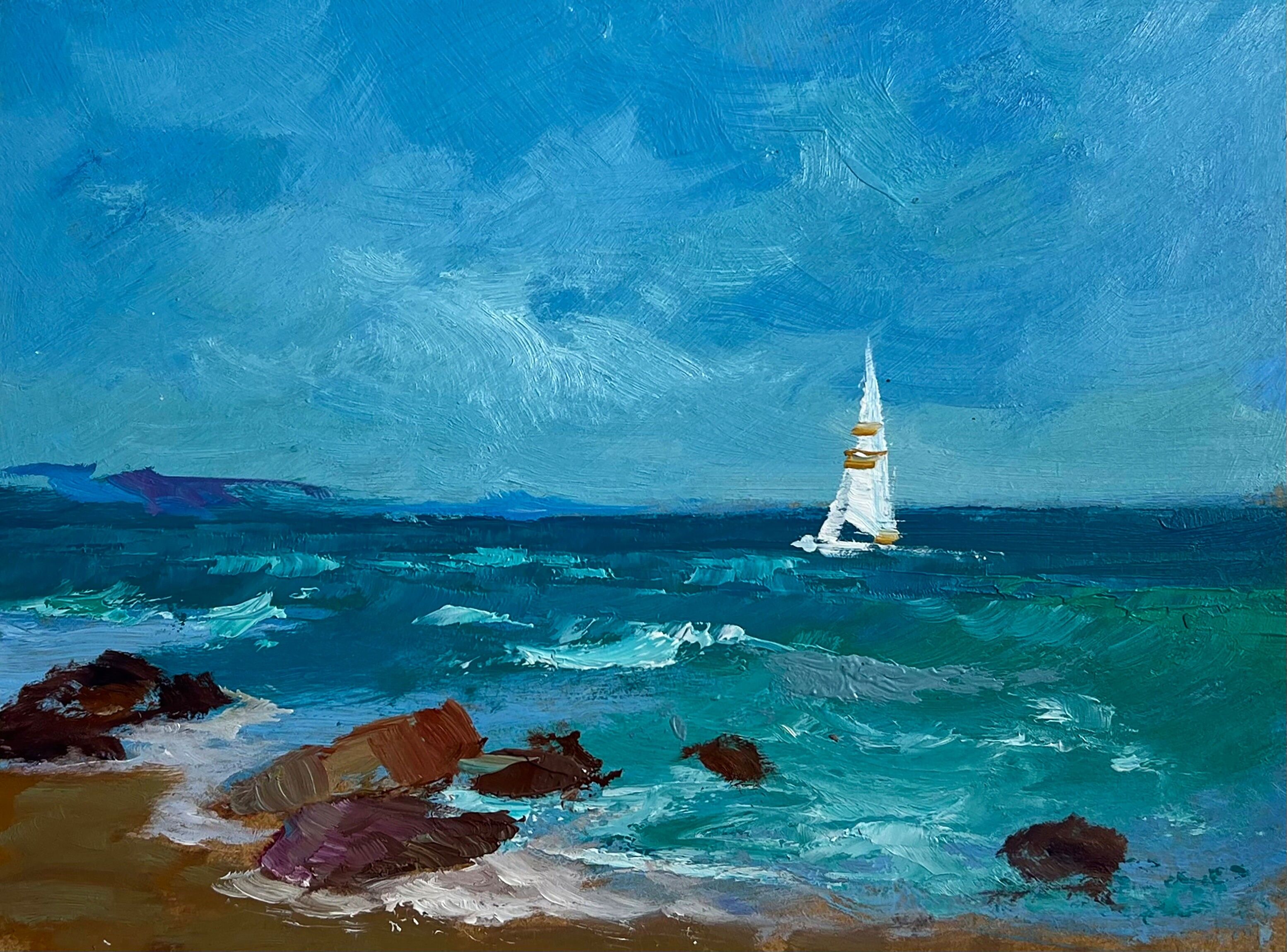 Pintura al óleo Un velero solitario en el mar Yuriy Suprunchuk 15x20cm