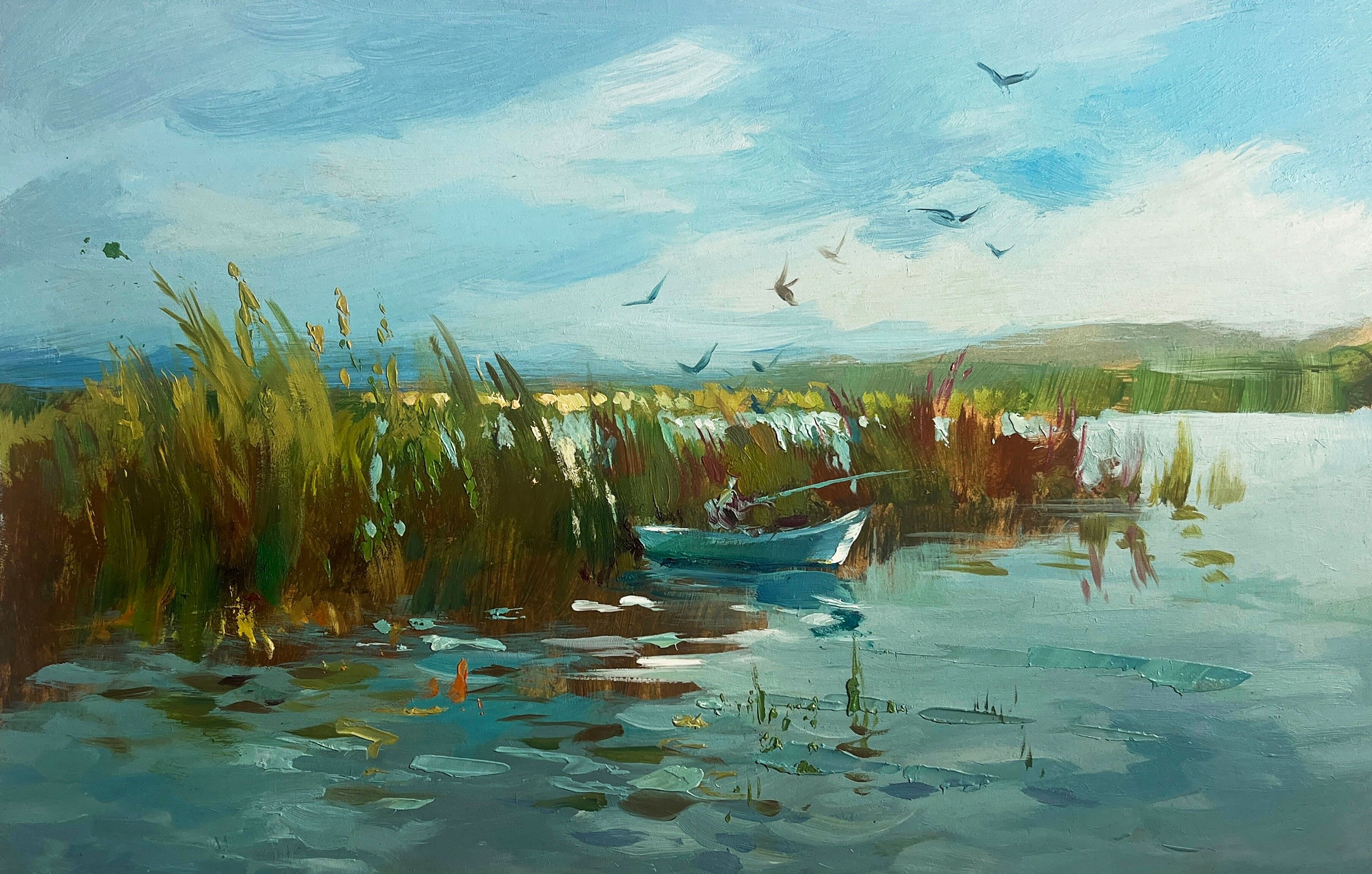 Pintura al óleo Pescando entre los juncos Yuriy Suprunchuk 20x30cm