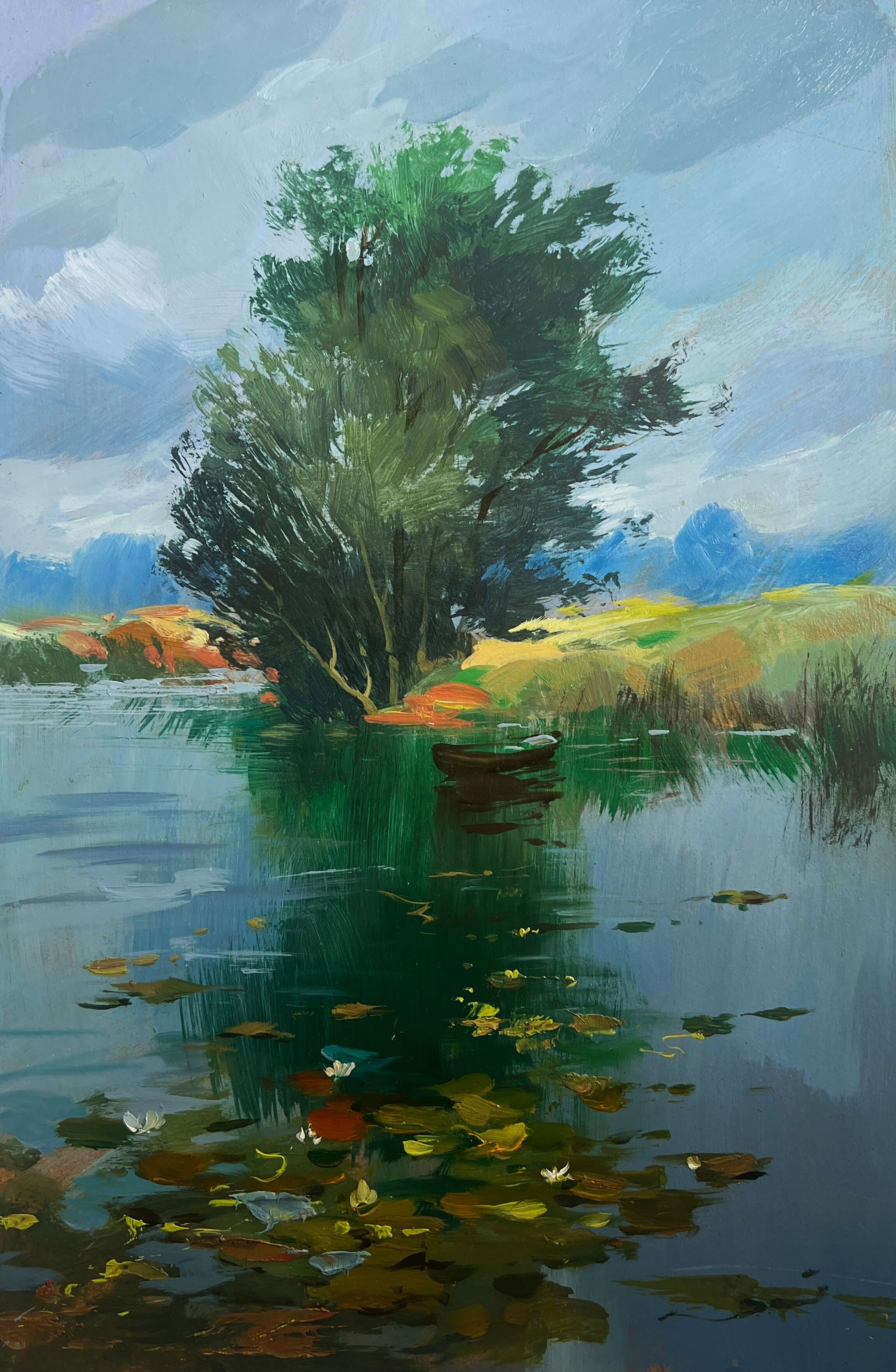 Dipinto ad olio Pesca presso un albero solitario Yuriy Suprunchuk 30x20cm