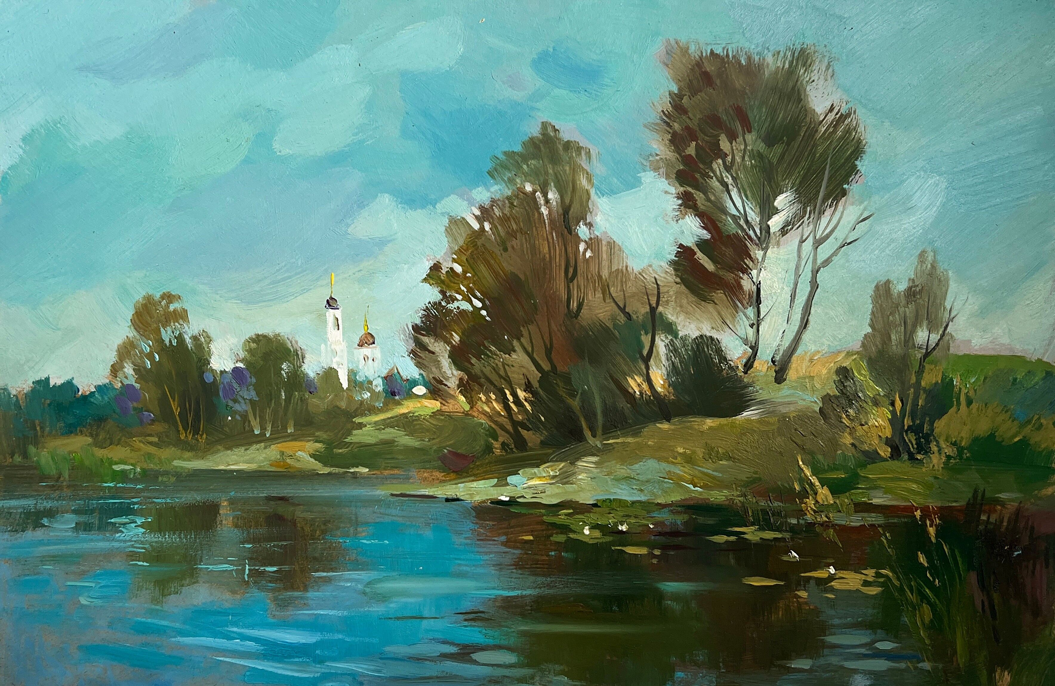 Dipinto ad olio C'è un lago dietro il villaggio Yuriy Suprunchuk 20x30cm