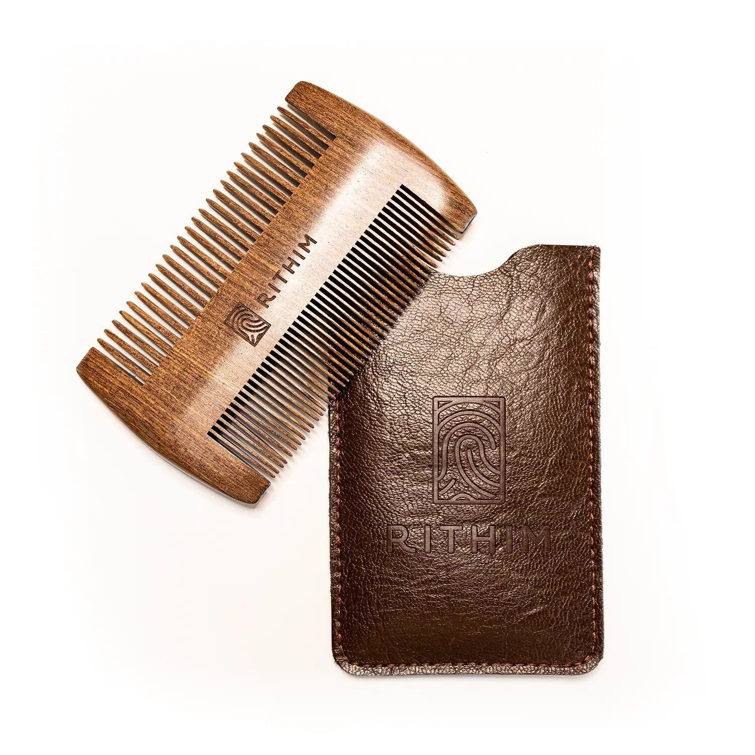 Peine para barba Rithim® de madera de cerezo con funda de piel sintética