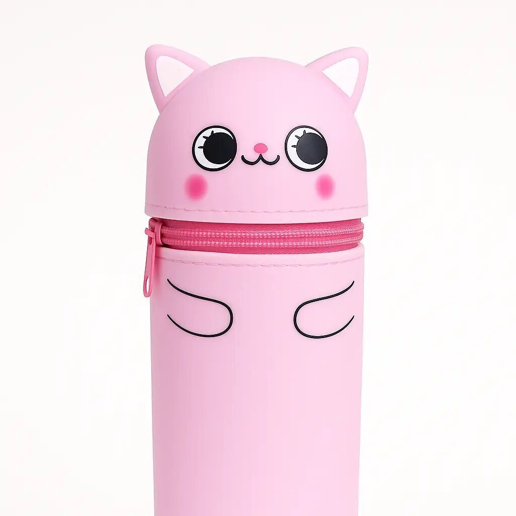 Cute Standing Silicone Pencil Case- Pink Cat