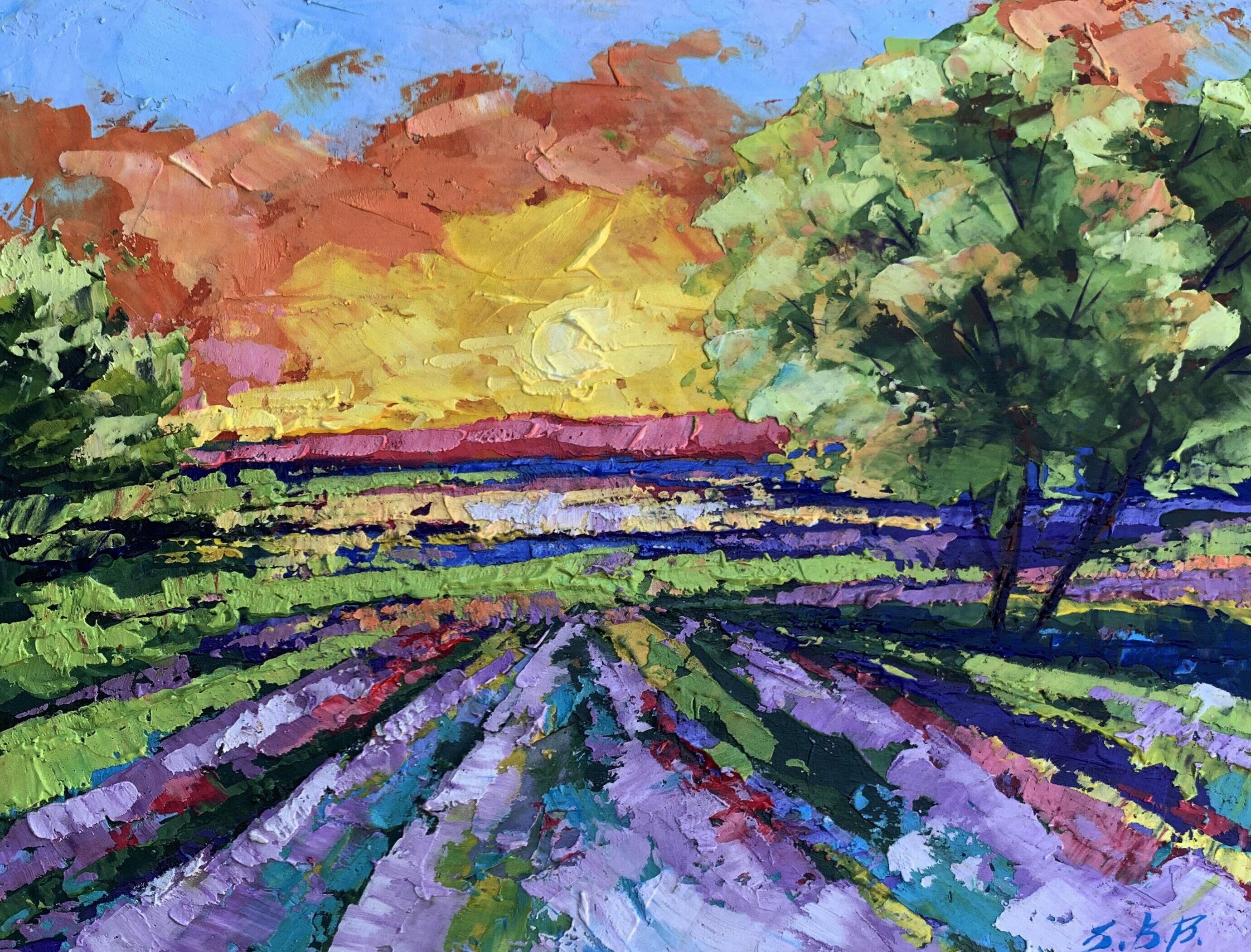 Dipinto ad olio Tramonto nel campo Zadorozhnya Vita 15x20