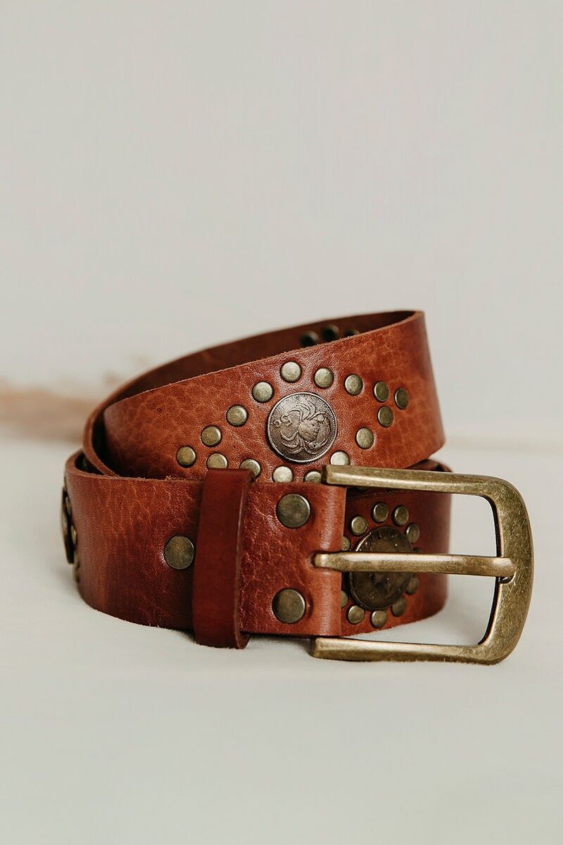 Ceinture artisanale 100 % cuir avec pièces et clous - 3 couleurs