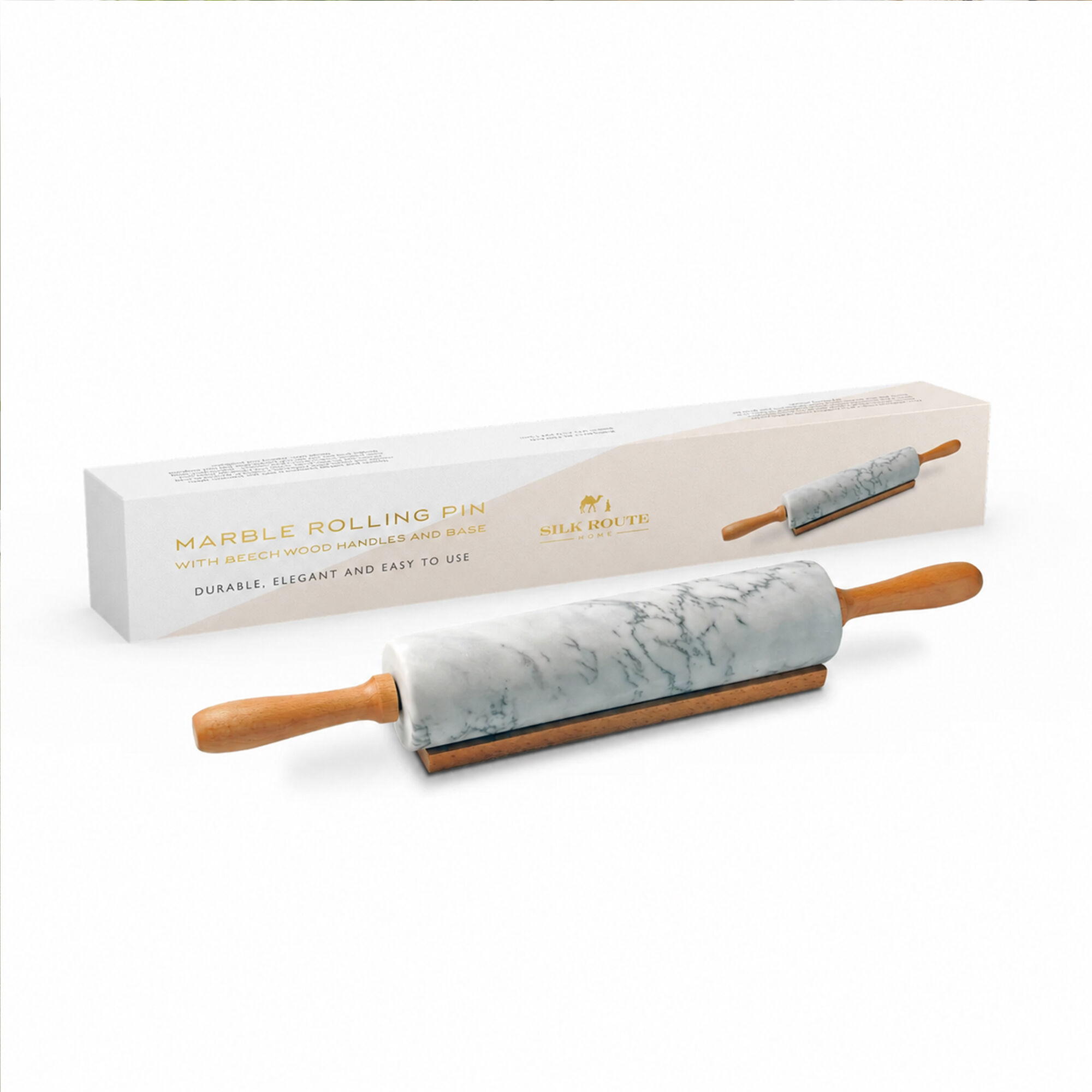 White Solid Marble Rolling Pin & Acacia Wood Handle & Base