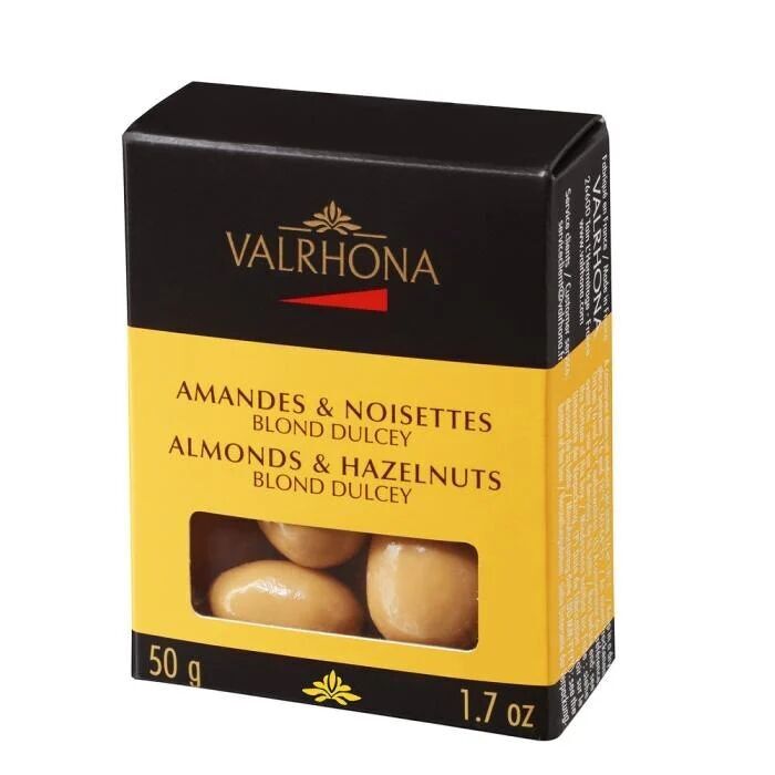 Amandes et noisettes enrobées de chocolat Dulcey – 50 g – Valrhona
