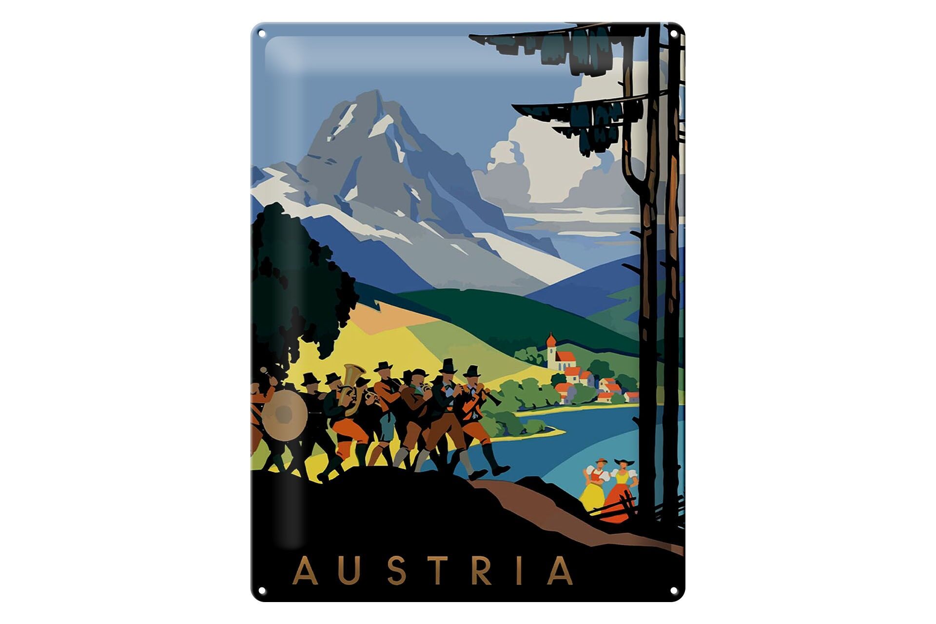 Metal sign, travel, 30x40 cm, Austria, mountains, brass band musicians, decorative sign