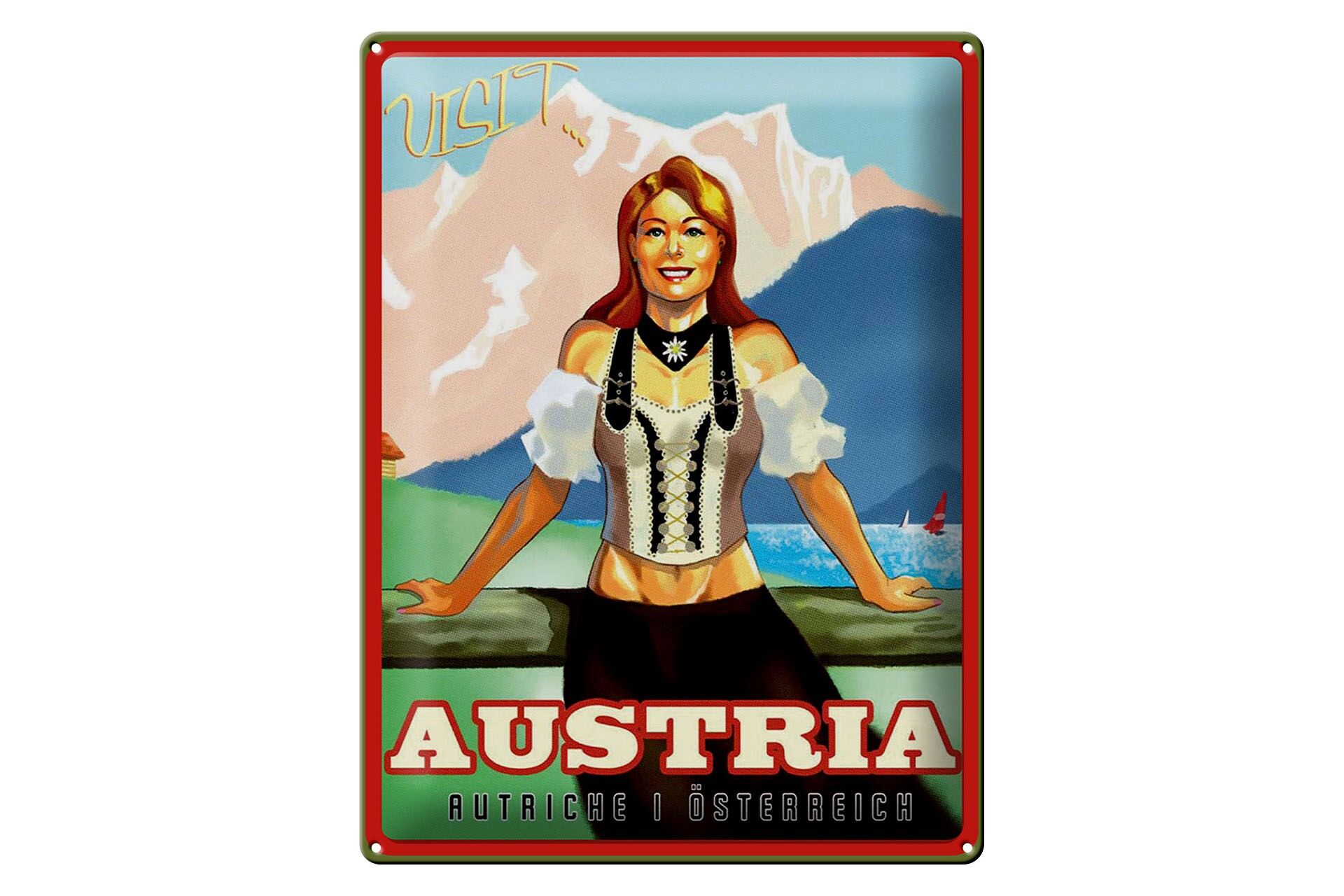 Metal sign for travel, 30x40 cm, Austria, woman in traditional dress, decorative sign
