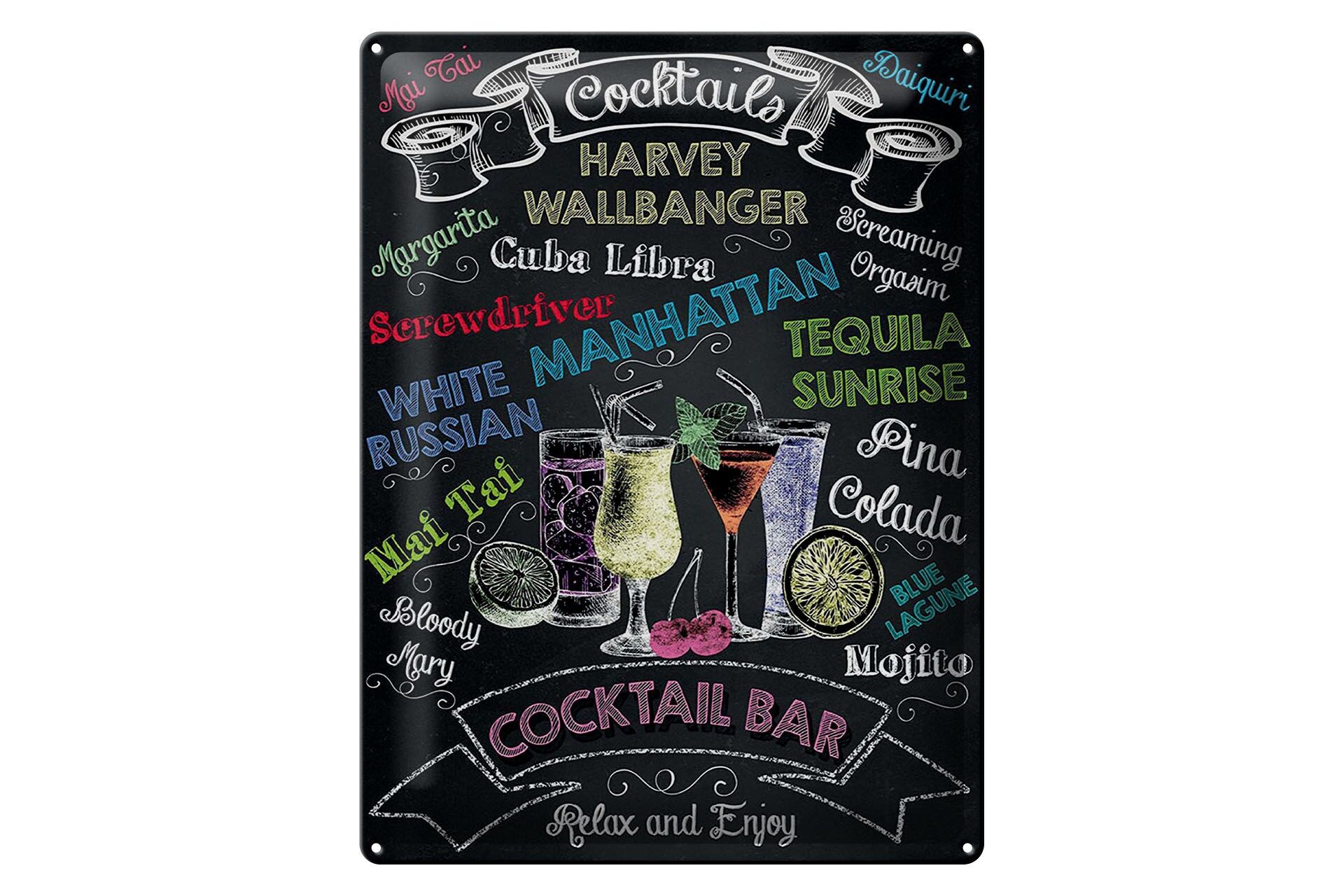 Metal sign "Cocktail" 30x40 cm, various cocktails, chalkboard look, decorative sign