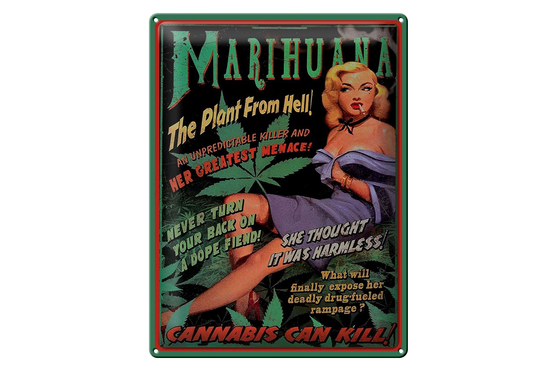 Metal sign with the saying "Marijuana - The plant from hell" 30x40 cm, decorative sign