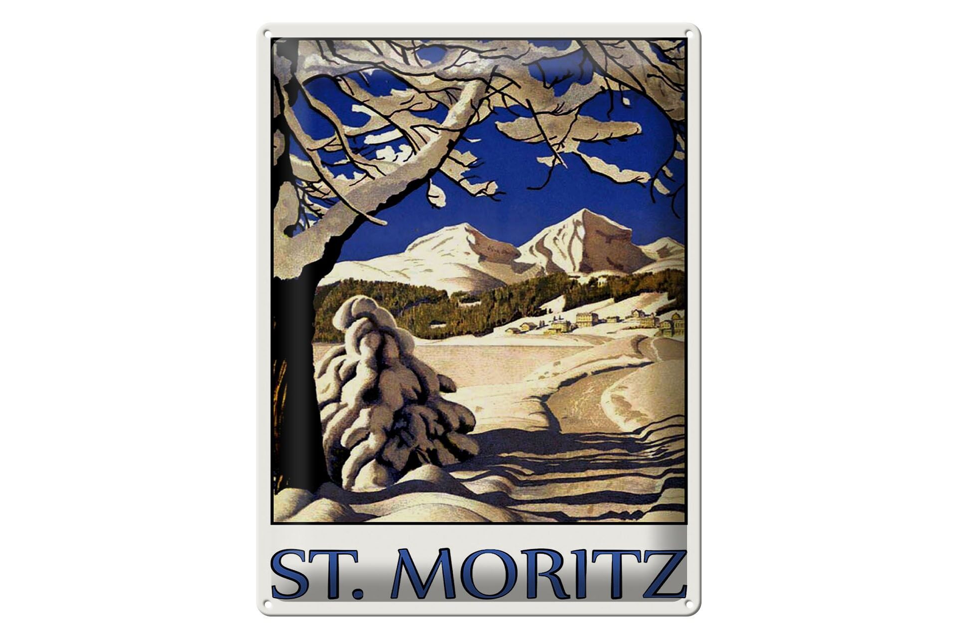 Metal sign for travel, 30x40 cm, pcs.Moritz Trees Snow Mountains Decoration Sign