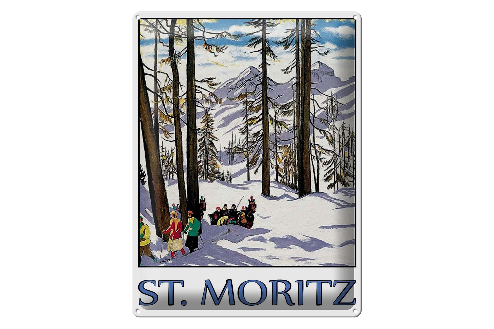 Metal sign for travel, 30x40 cm, pcs.Moritz Skier Carriage Snow Decoration Sign