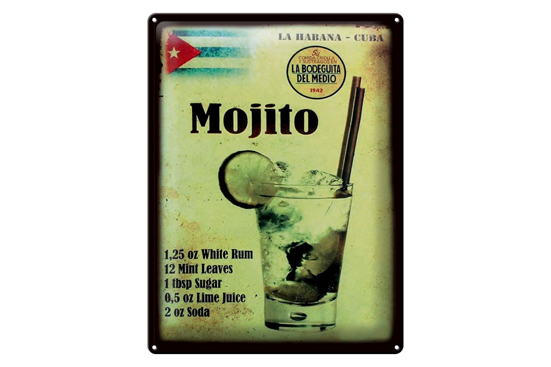 Metal sign Cocktail 30x40 cm mojito recipe Retro Cuba flag decorative sign