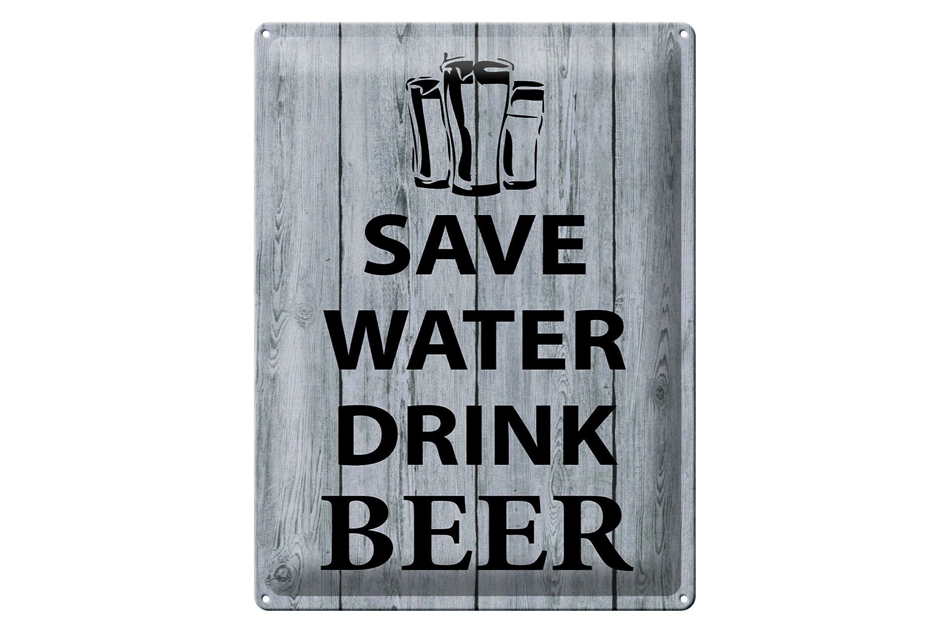 Metal sign with saying, 30x40 cm, safe water, drink beer, wood look, decorative sign