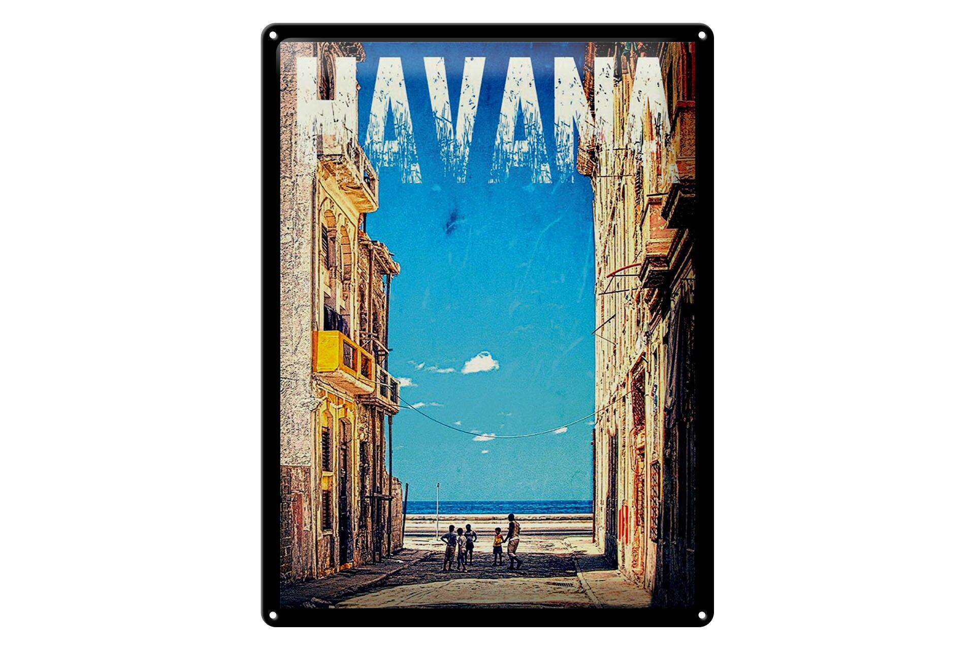Metal sign, travel-themed, 30x40 cm, Havana, Cuba, houses, beach, decorative sign
