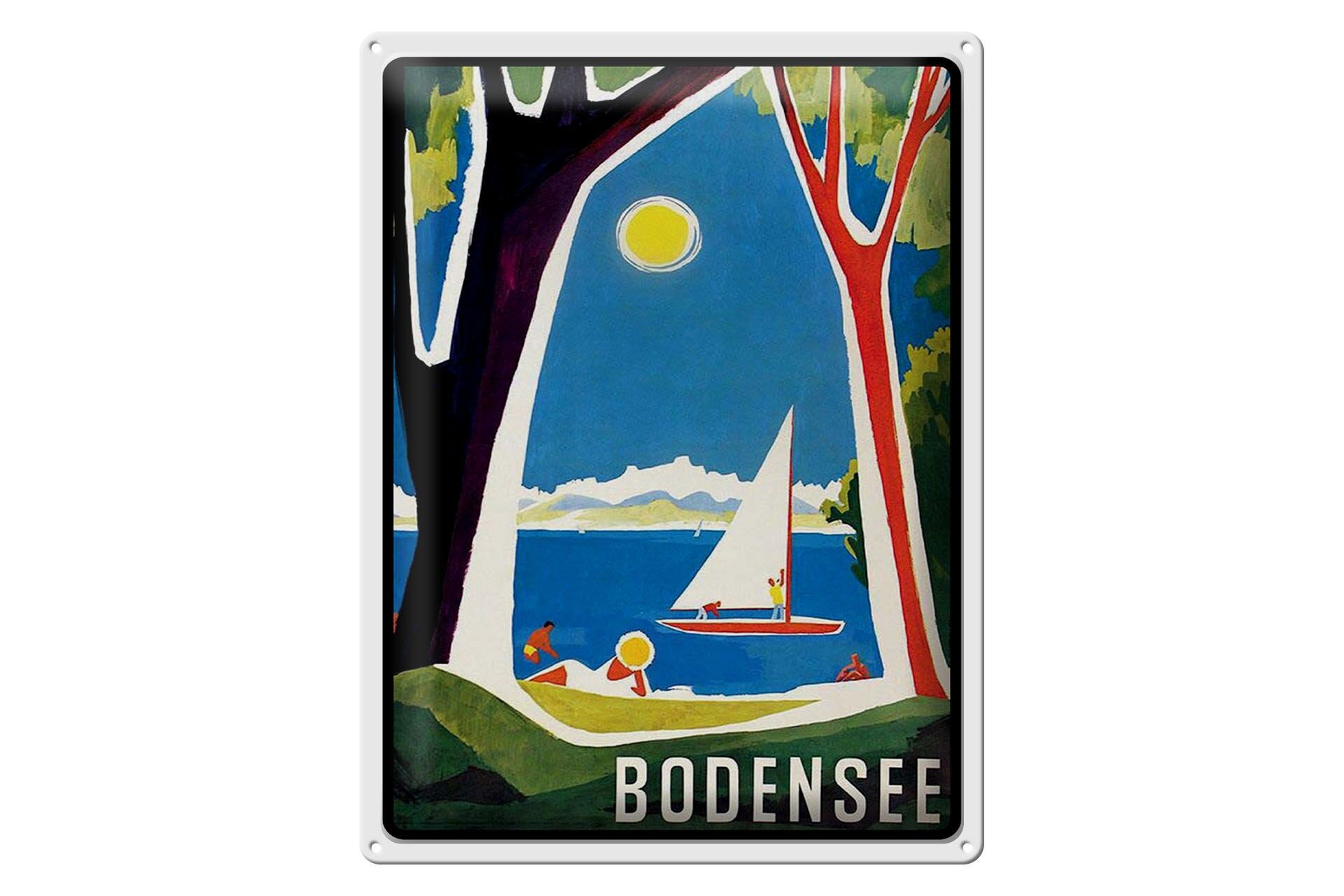 Blechschild Reise 30x40 cm Bodensee Segelboot Bäume Deko Schild