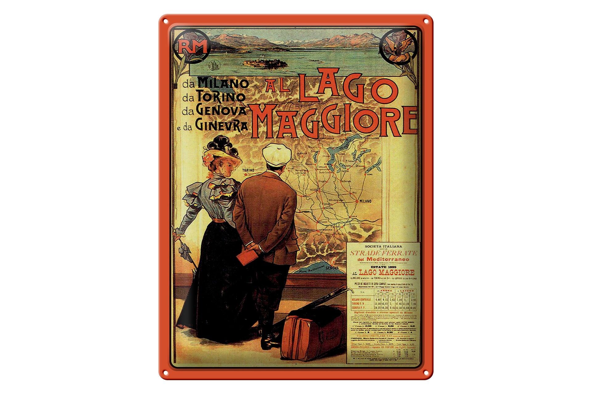Blechschild Reise 30x40 cm Largo Maggirore Retro Landkarte Deko Schild