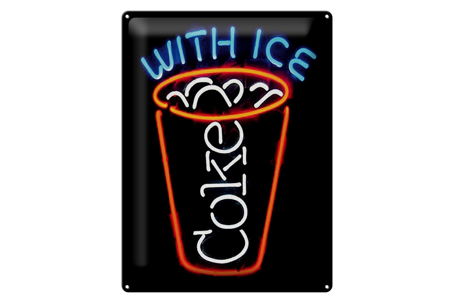 Blechschild Reklame 30x40 cm coke With ice Neonoptik Deko Schild