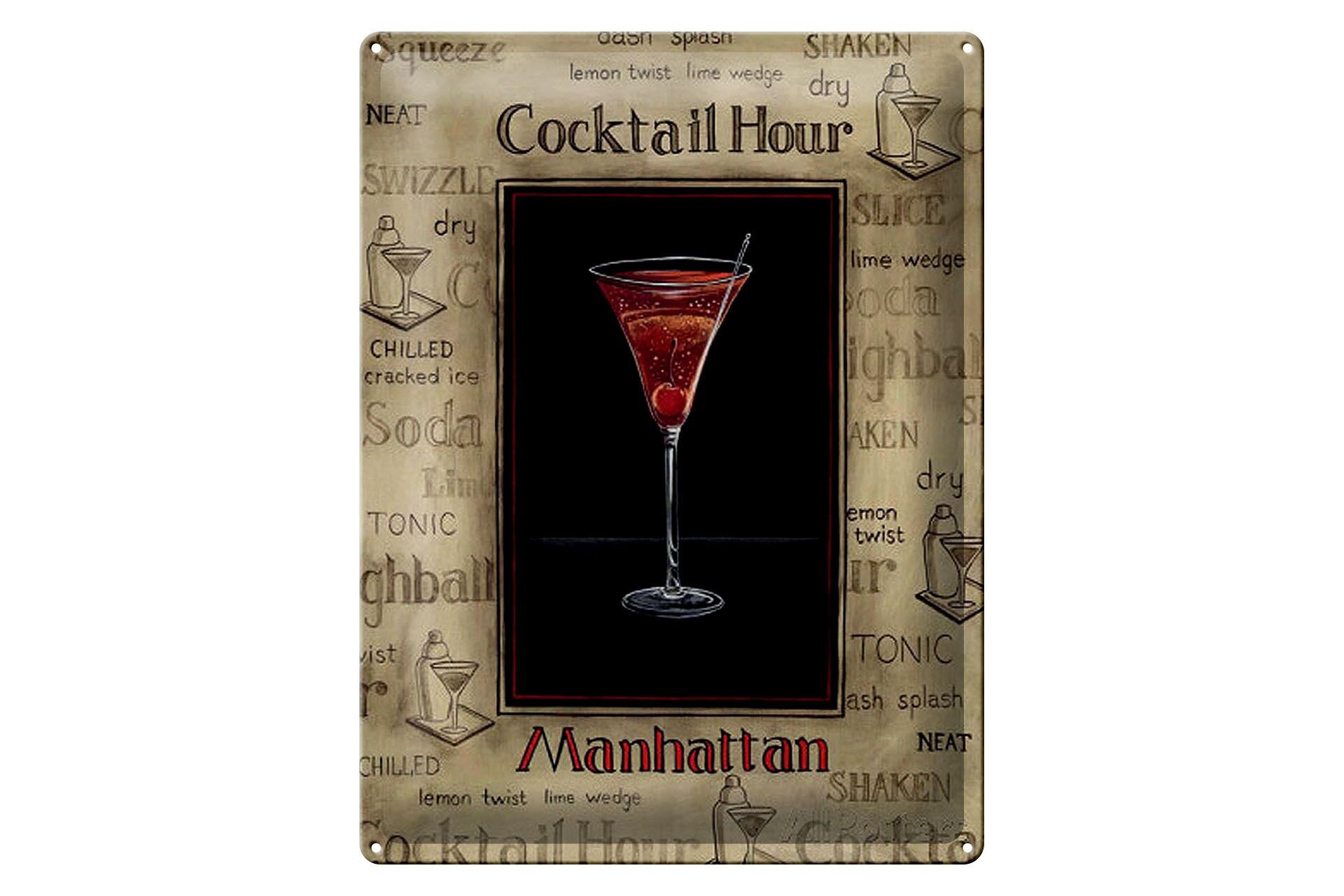 Blechschild Alkohol 30x40 cm Cocktail hour Manhatten Glas Deko Schild