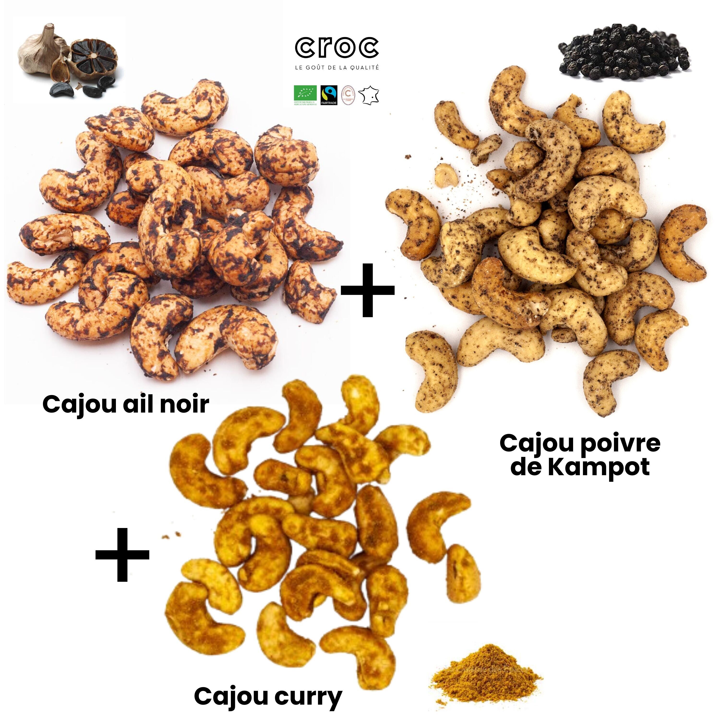 15-kg-Starterset – Unsere 3 wichtigsten Bio- und Fairtrade-Rezepte – 5 kg Curry-Cashews, 5 kg Pfeffer-Cashews, 5 kg Cashews mit schwarzem Knoblauch