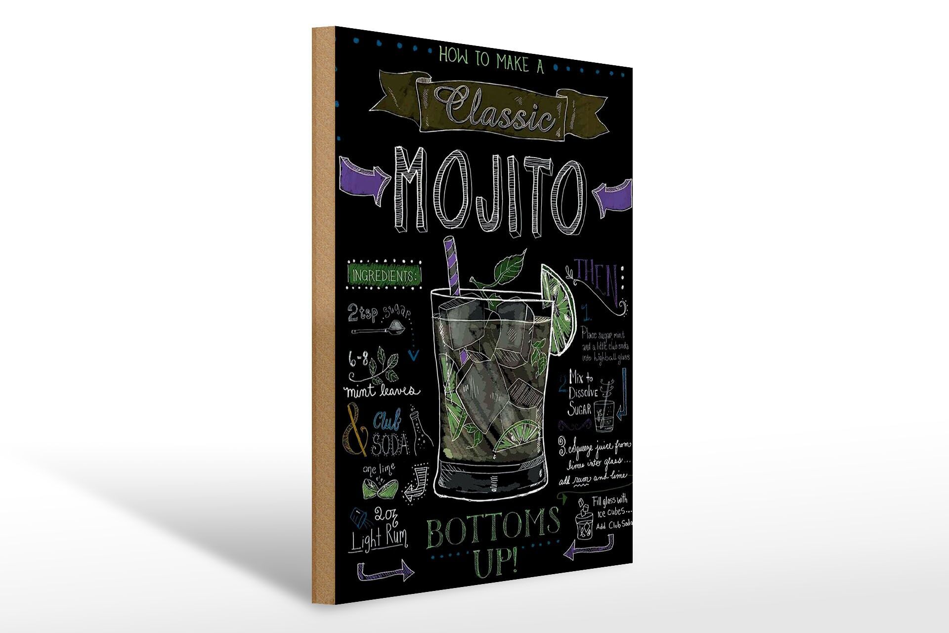 Holzschild Cocktail 30x40 cm Classic Mojito Rezept Tafeloptik Deko Schild